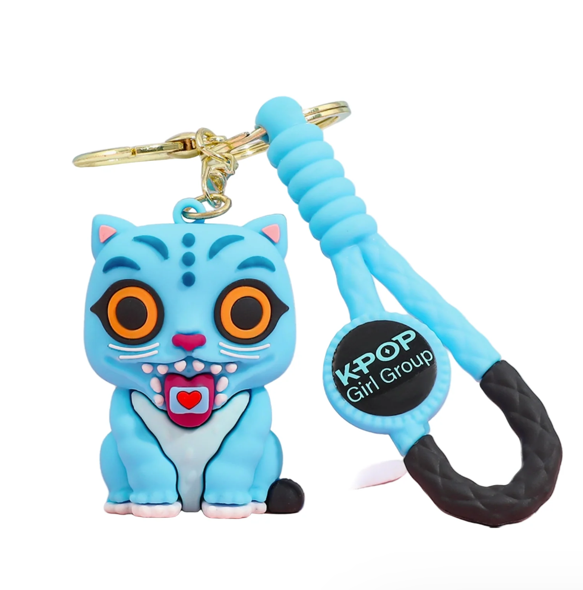 Blue cat-shaped keychain with a strap and 'K-POP Girl Group' tag on a white background
