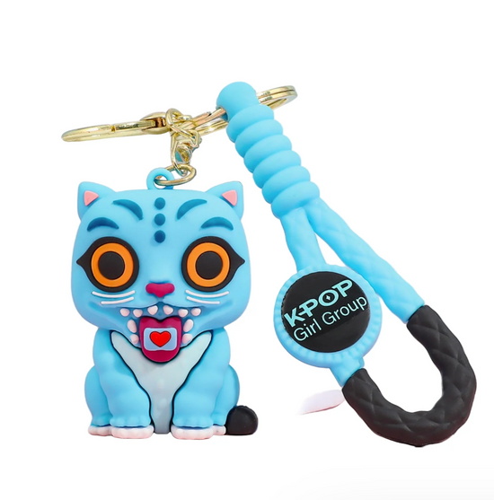 Blue cat-shaped keychain with a strap and 'K-POP Girl Group' tag on a white background