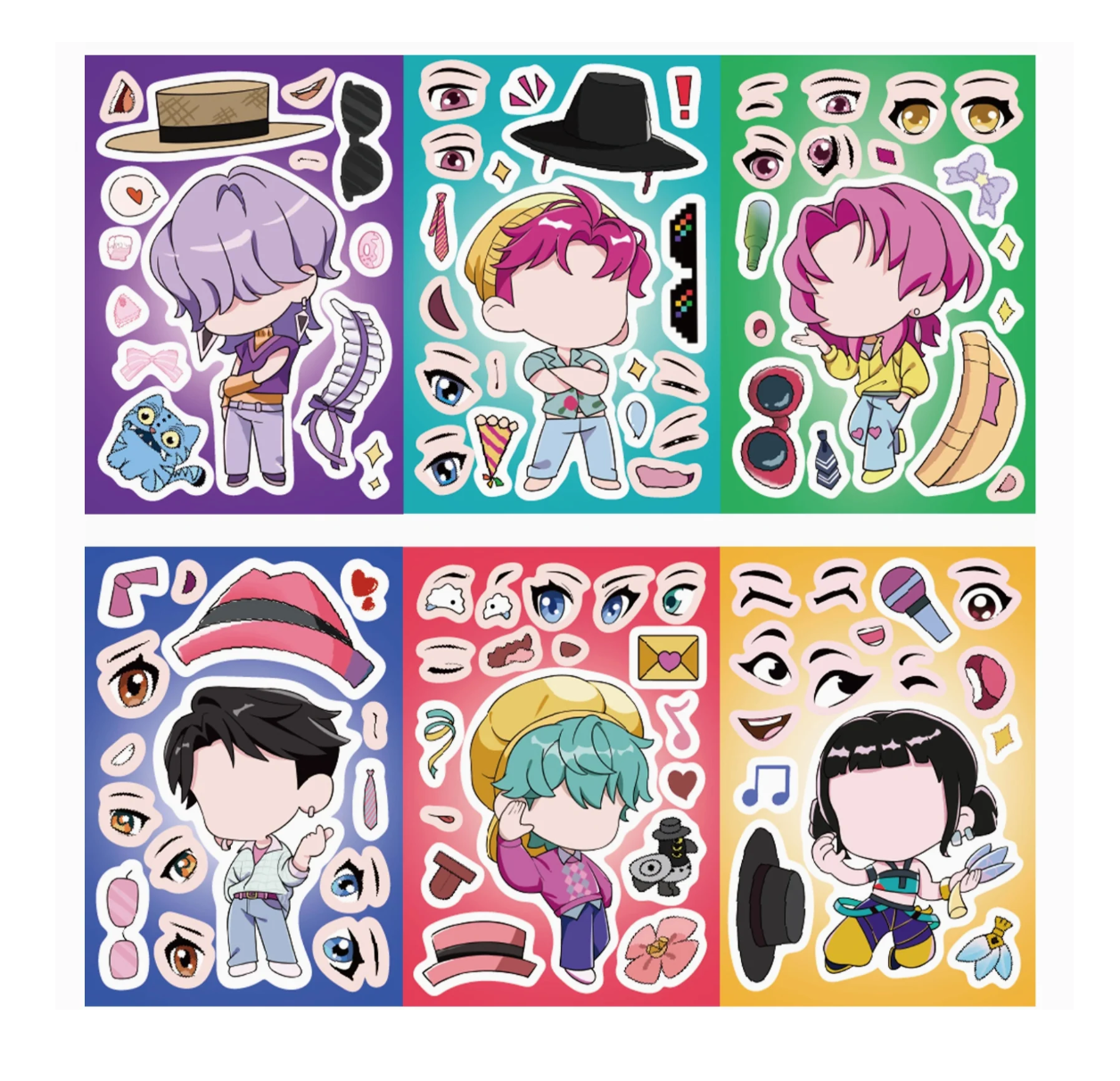 Set of colorful sticker sheets with cartoon characters and various elements on a white background