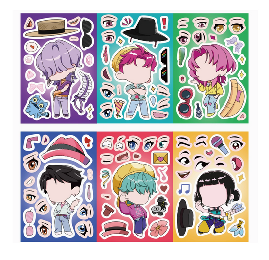 Set of colorful sticker sheets with cartoon characters and various elements on a white background