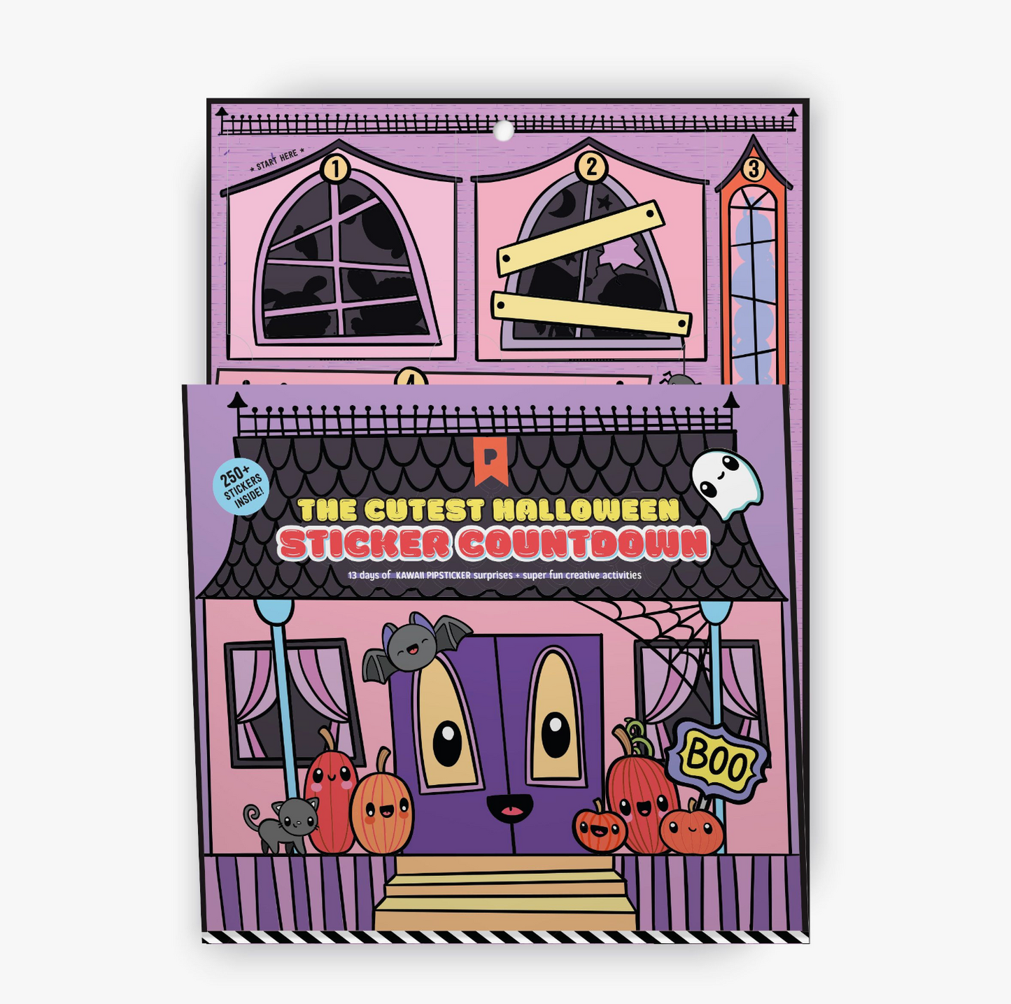 A colorful Halloween-themed sticker countdown calendar with a cartoonish house, ghosts, and pumpkins on the cover.