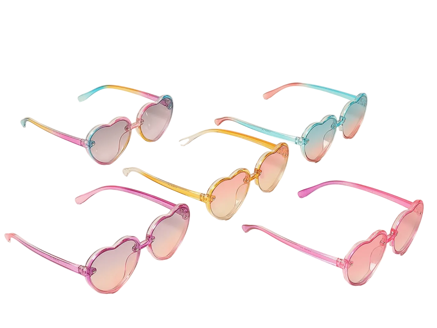 Set of heart-shaped sunglasses with colorful frames on a beige background