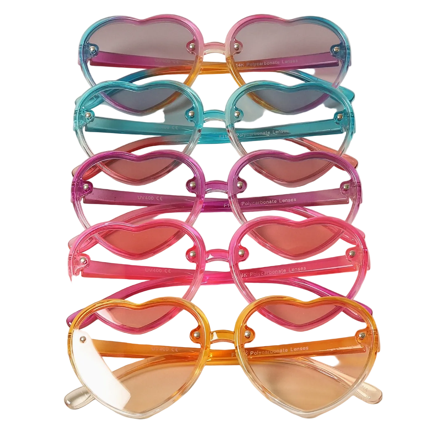Set of colorful heart-shaped sunglasses on a light background
