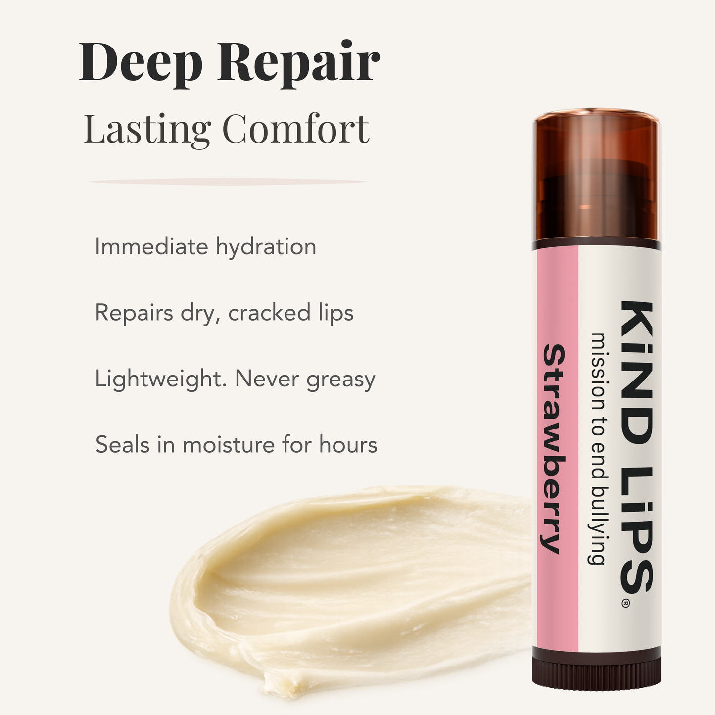 Lip balm with strawberry flavor and 'Kind Lips' branding, featuring text about product benefits.