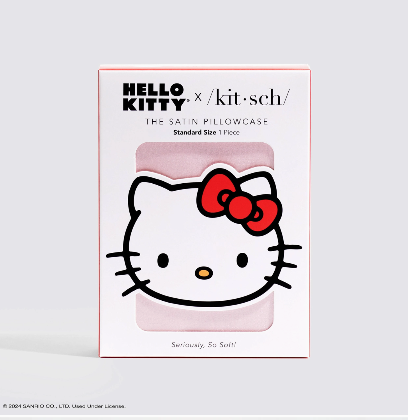 HELLO KITTY satin pillowcase packaging on a light gray background