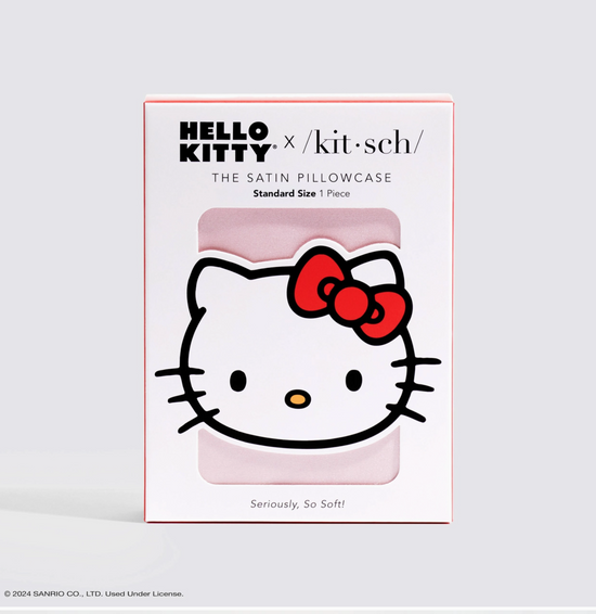 HELLO KITTY satin pillowcase packaging on a light gray background