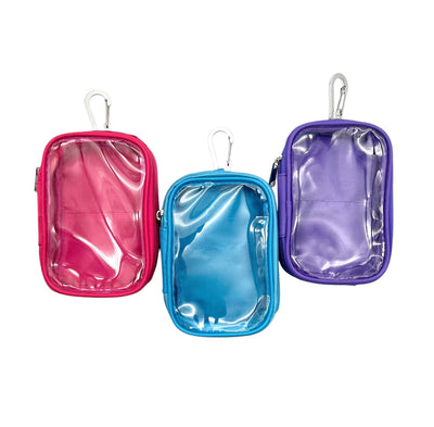 Three small pouches in pink, blue, and purple with clear fronts on a white background.