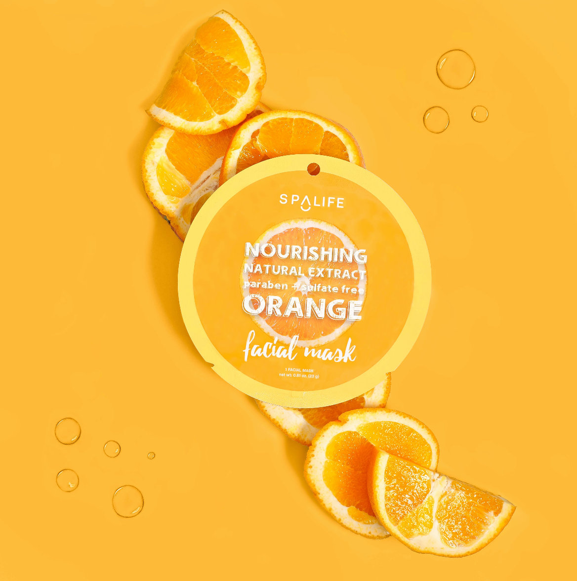 SpaLife Orange facial mask with orange slices on a yellow background
