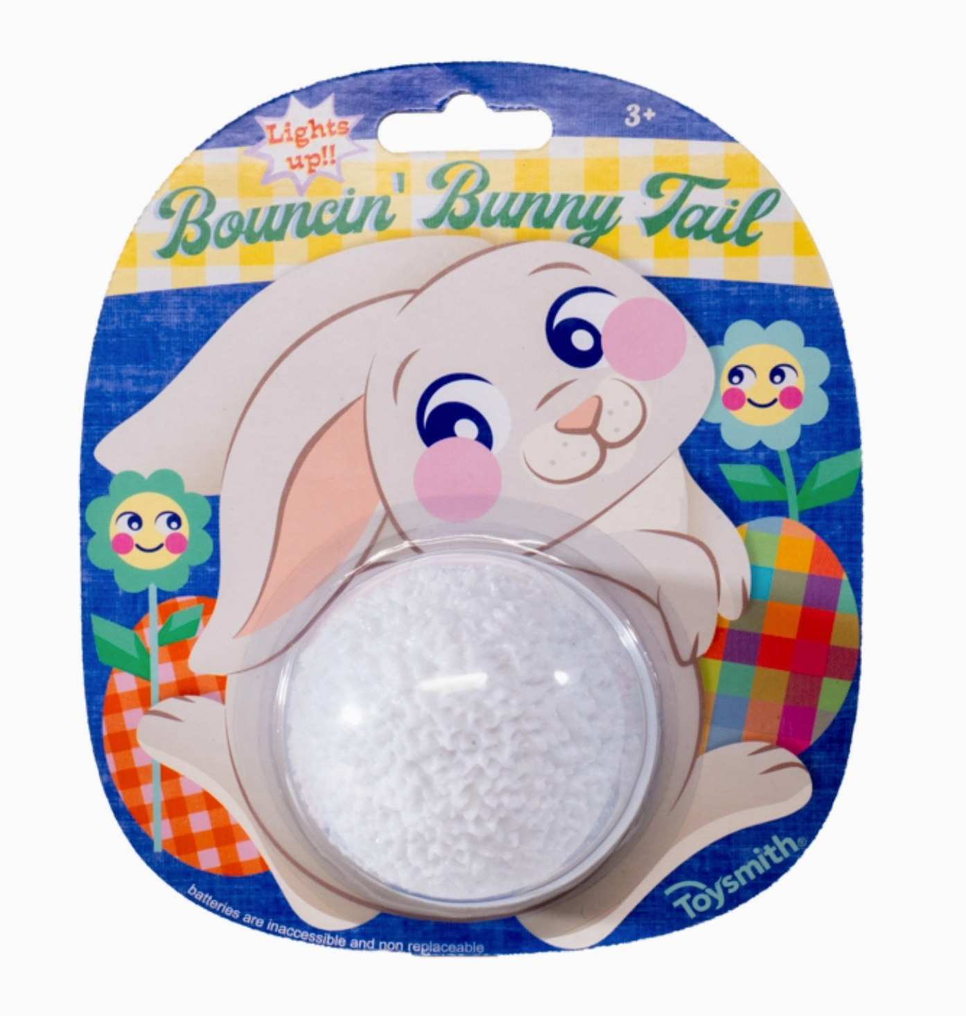 Packaged Light-Up Bunny Tail Ball bouncy ball toy with a white, fluffy tail design, displayed in front of a colorful Easter-themed background.
