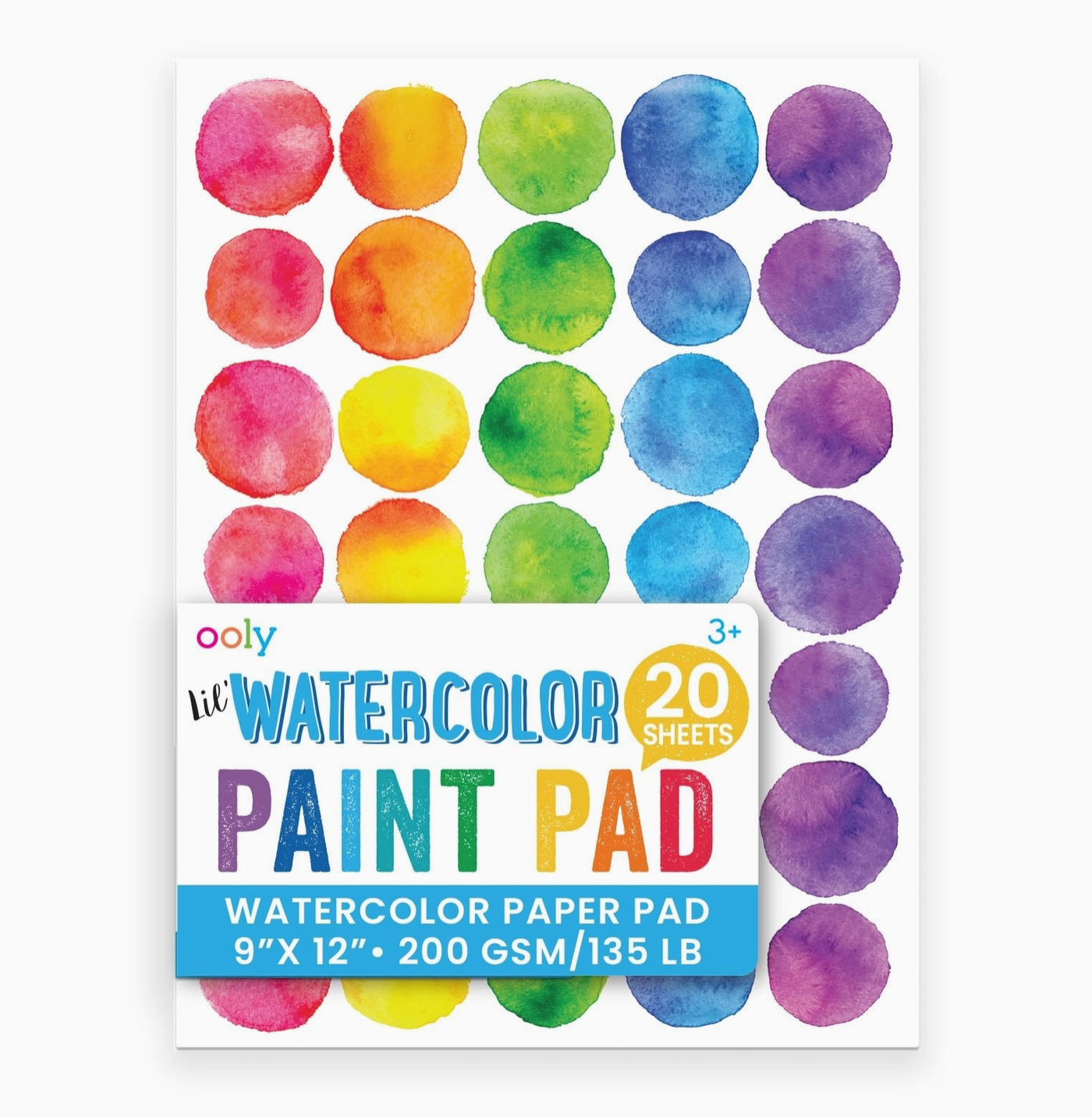 Ooly lit Watercolor Paint Pad with 20 sheets, featuring a cover design with a grid of colorful watercolor paint circles in pink, orange, yellow, green, blue, and purple on a white background.