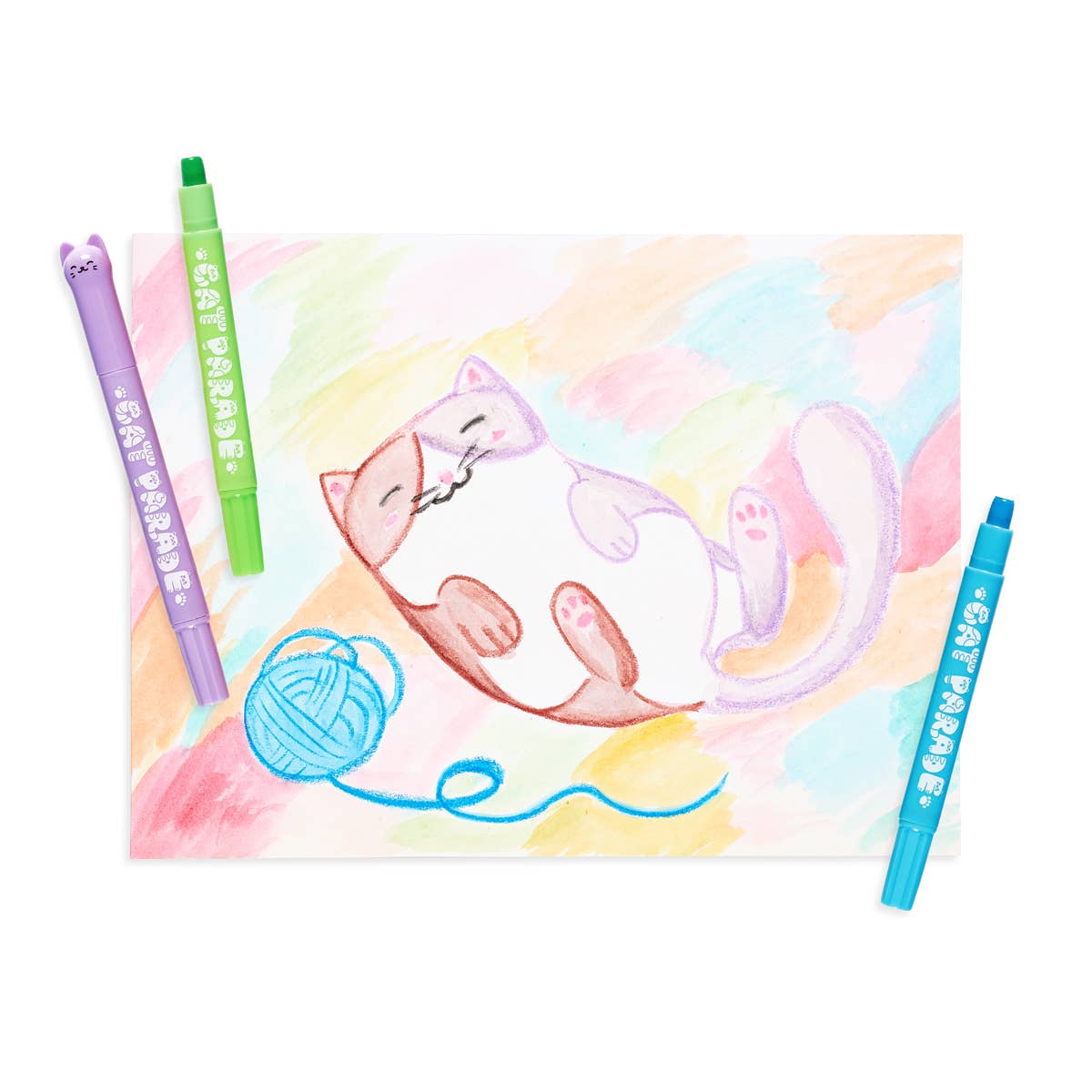 Colorful illustration of a cat with yarn and two pens on a pastel background
