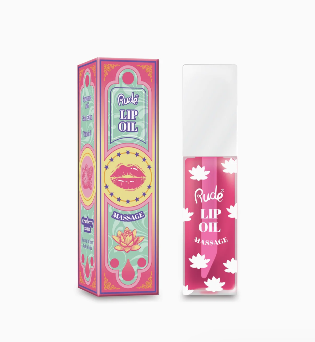 Rude Lip Oil packaging with pink and white design on a white background