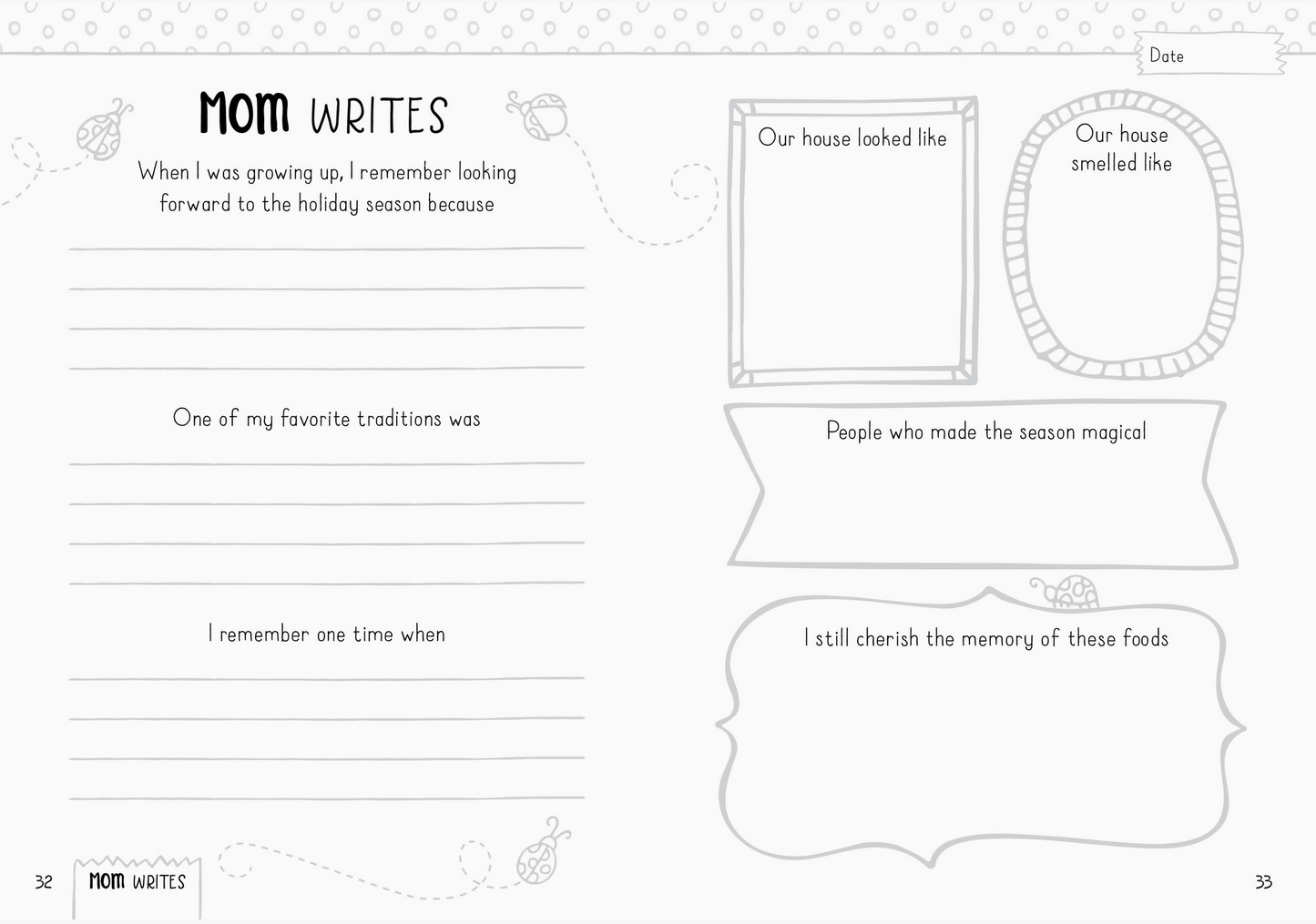 A printable worksheet page titled 'MOM WRITES' with lined writing sections and several black-and-white decorative boxes for writing and pasting, shown on a white background.