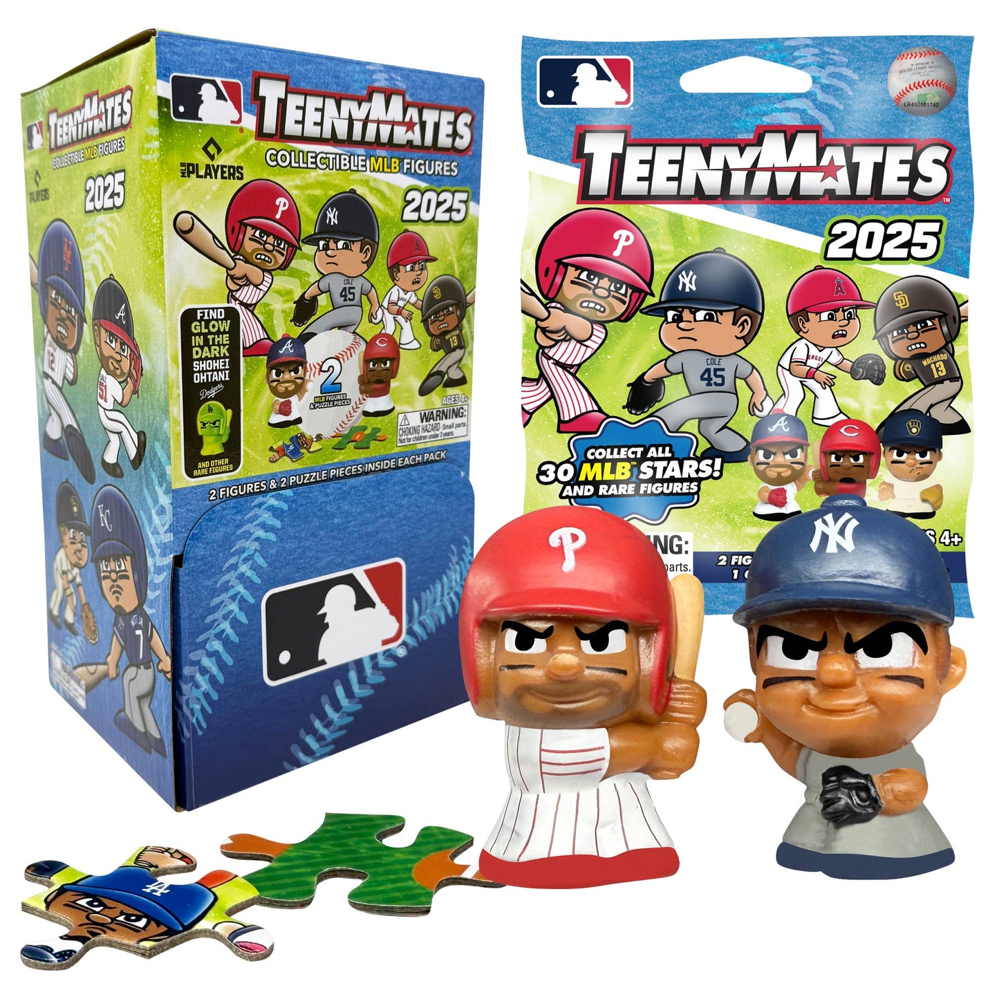 MLB TeenyMates collectible figures packaging and figures displayed with a puzzle piece.