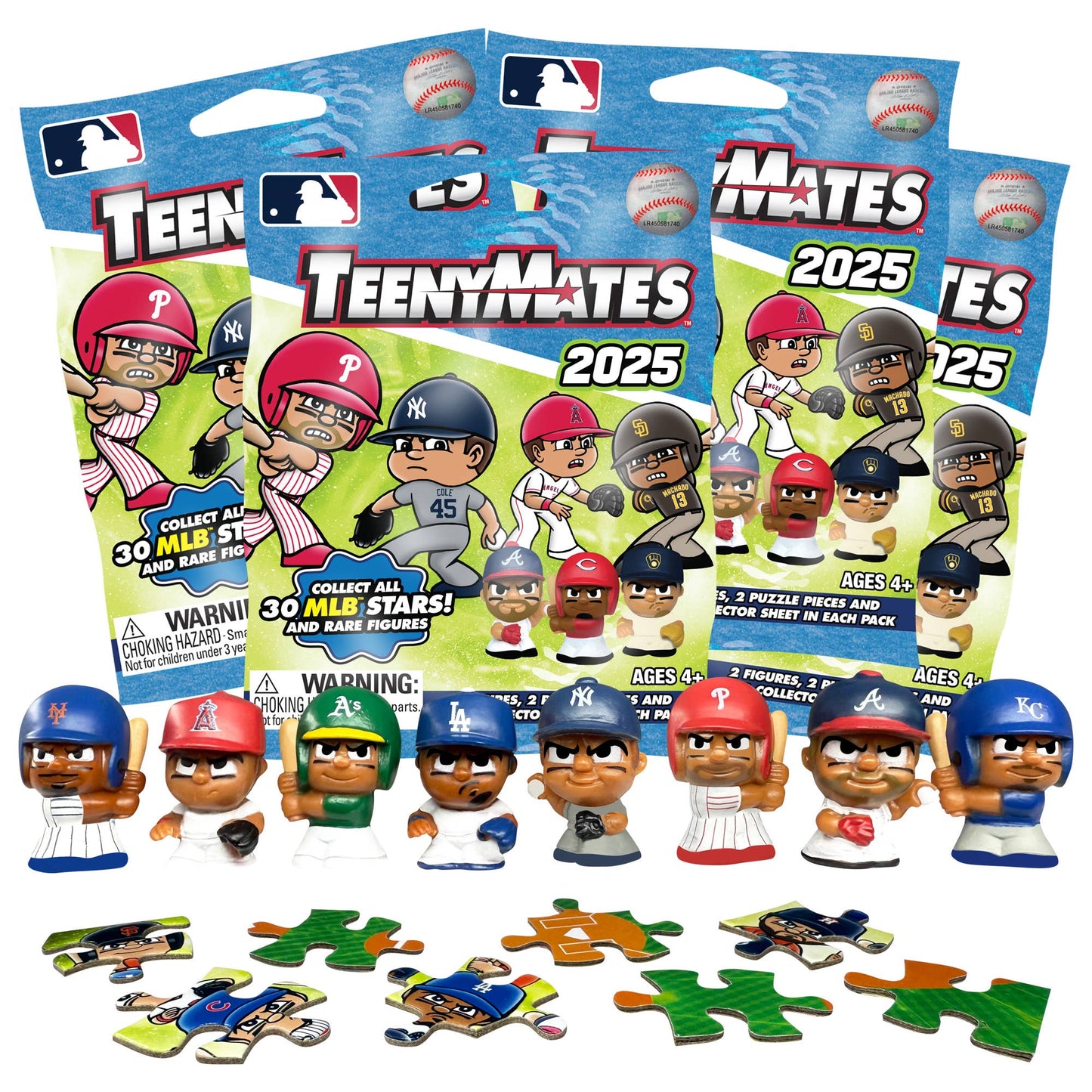 Packaging and figures of TeenyMates 2025 with MLB branding on a white background.
