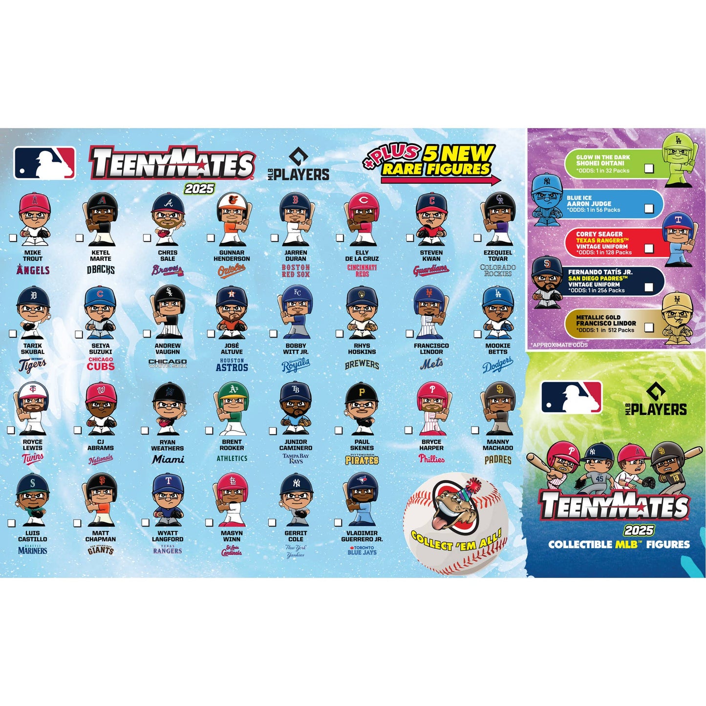 Collection of TeenyMates MLB figures with packaging and branding details.
