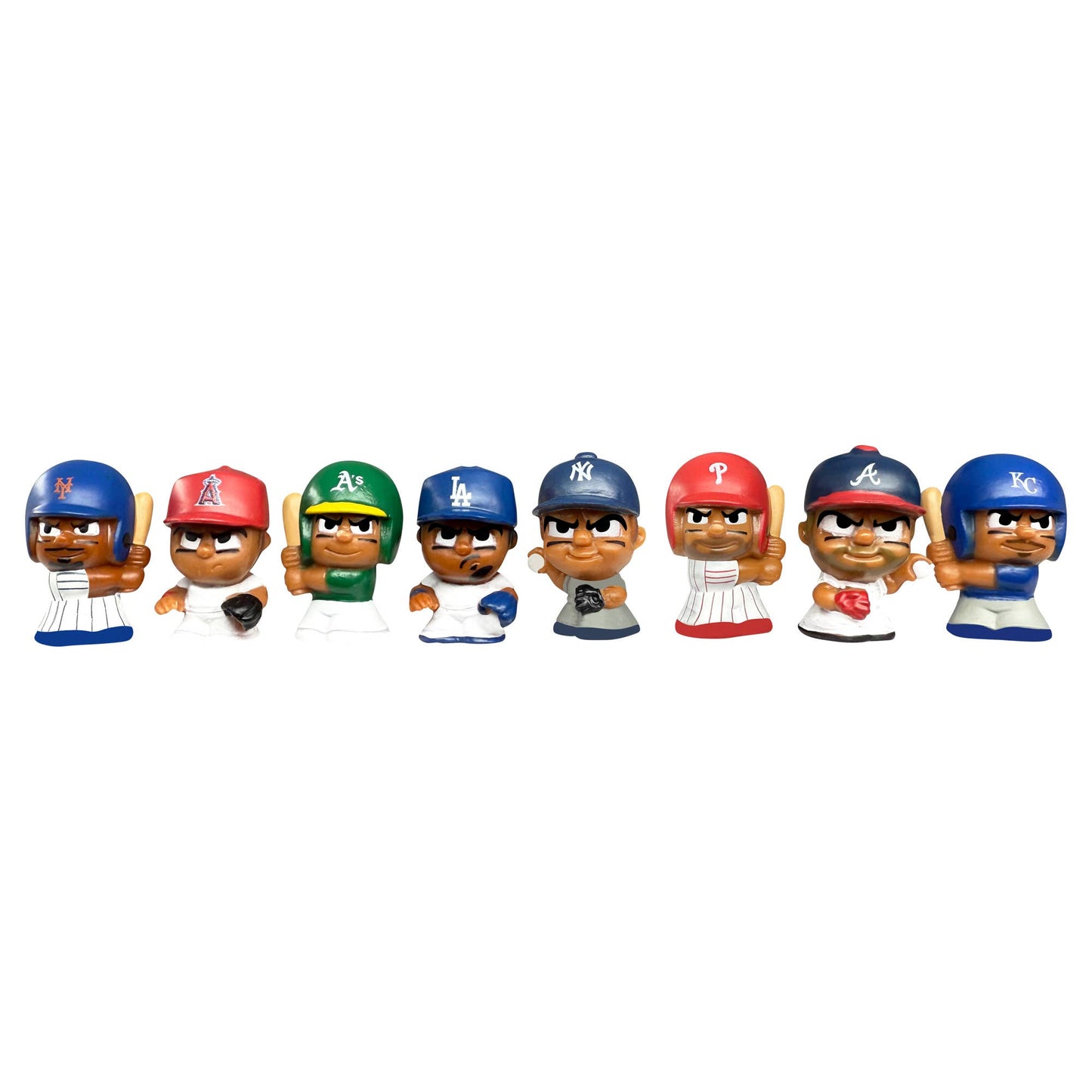 Set of baseball player figurines with various team logos on a white background