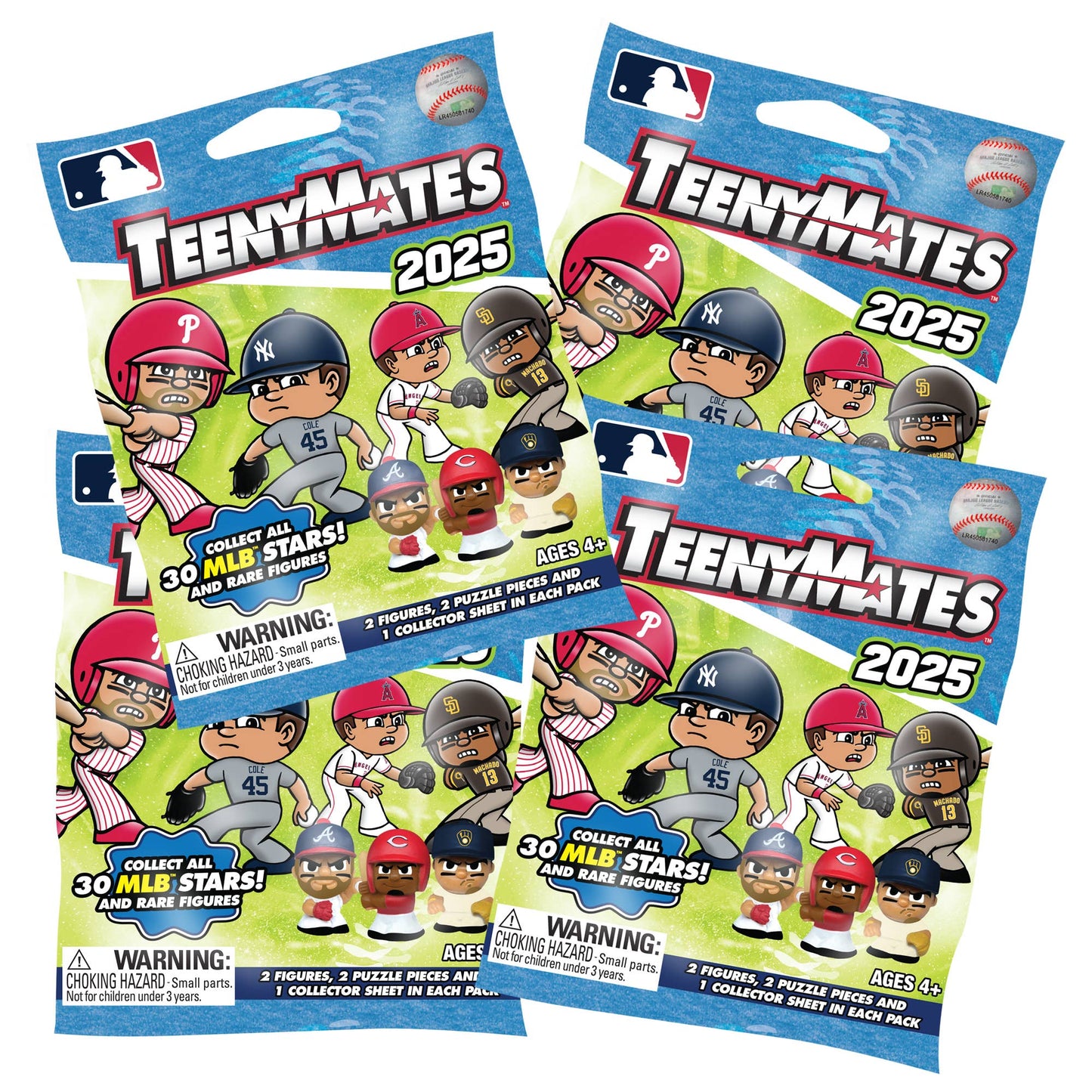 Three packages of TeenyMates 2025 MLB figurines with colorful packaging and character illustrations.