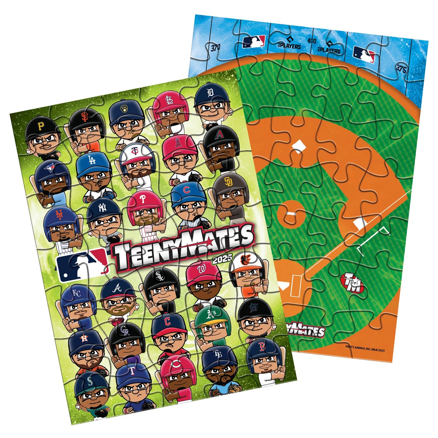 Two MLB TeenyMates puzzles featuring cartoon player illustrations and a baseball field design.