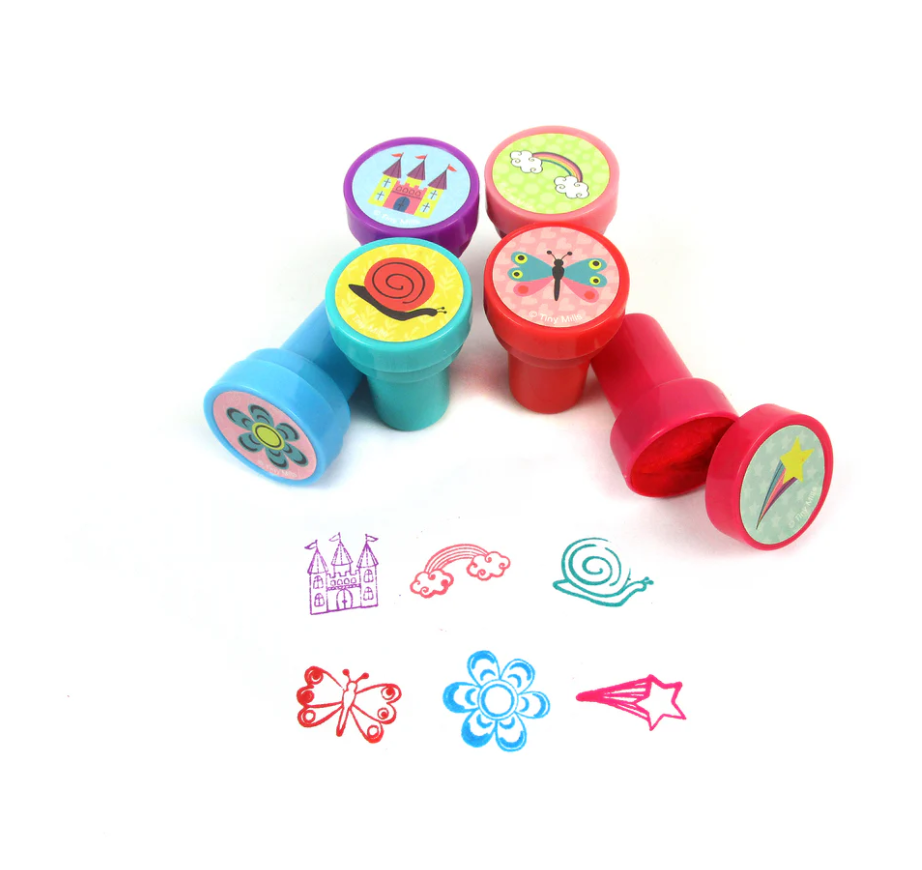 Colorful stampers with cartoon designs on a white background