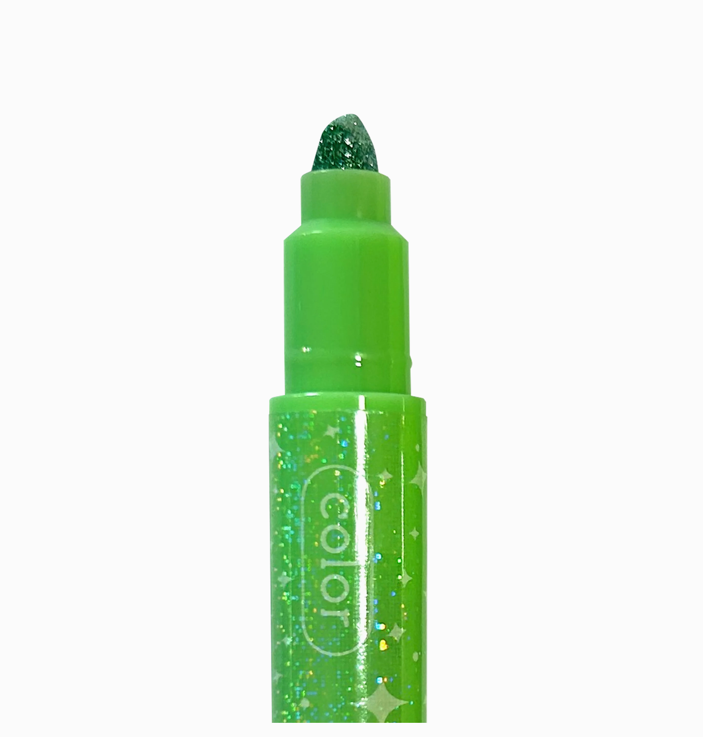 Green glittery lip crayon with 'color' branding on a white background