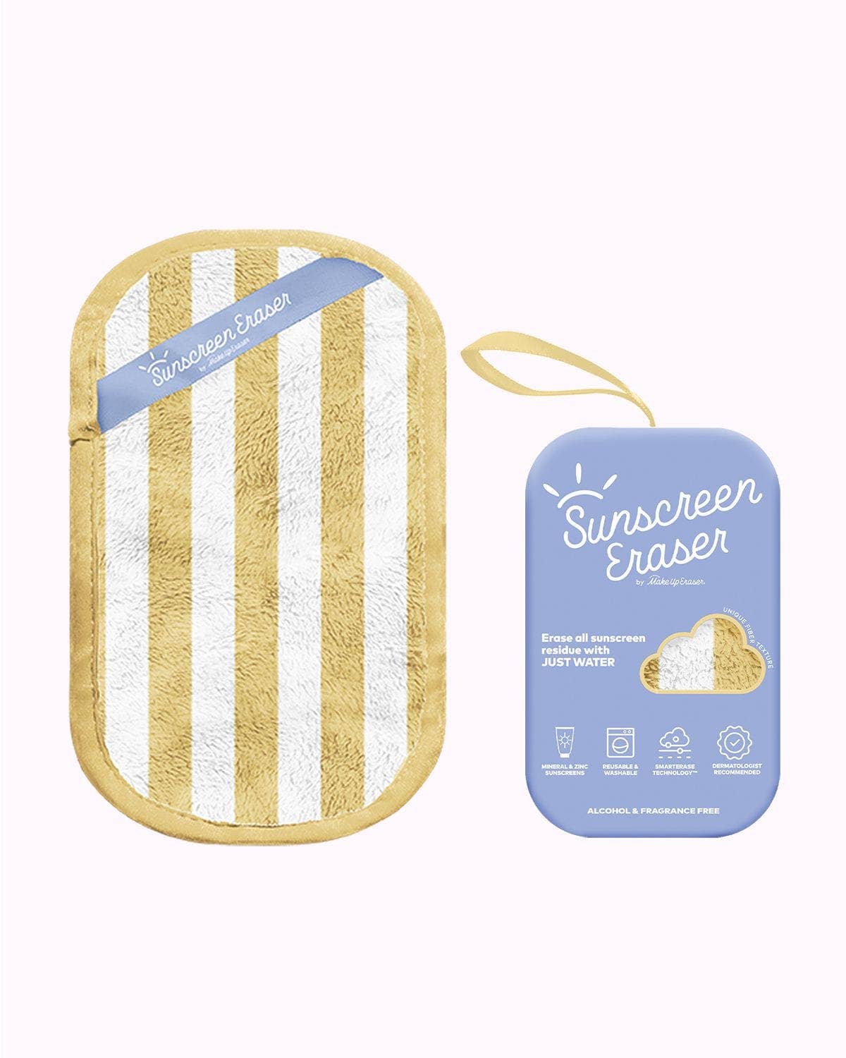 Sunscreen Eraser with gold and white striped pad and blue packaging on a white background