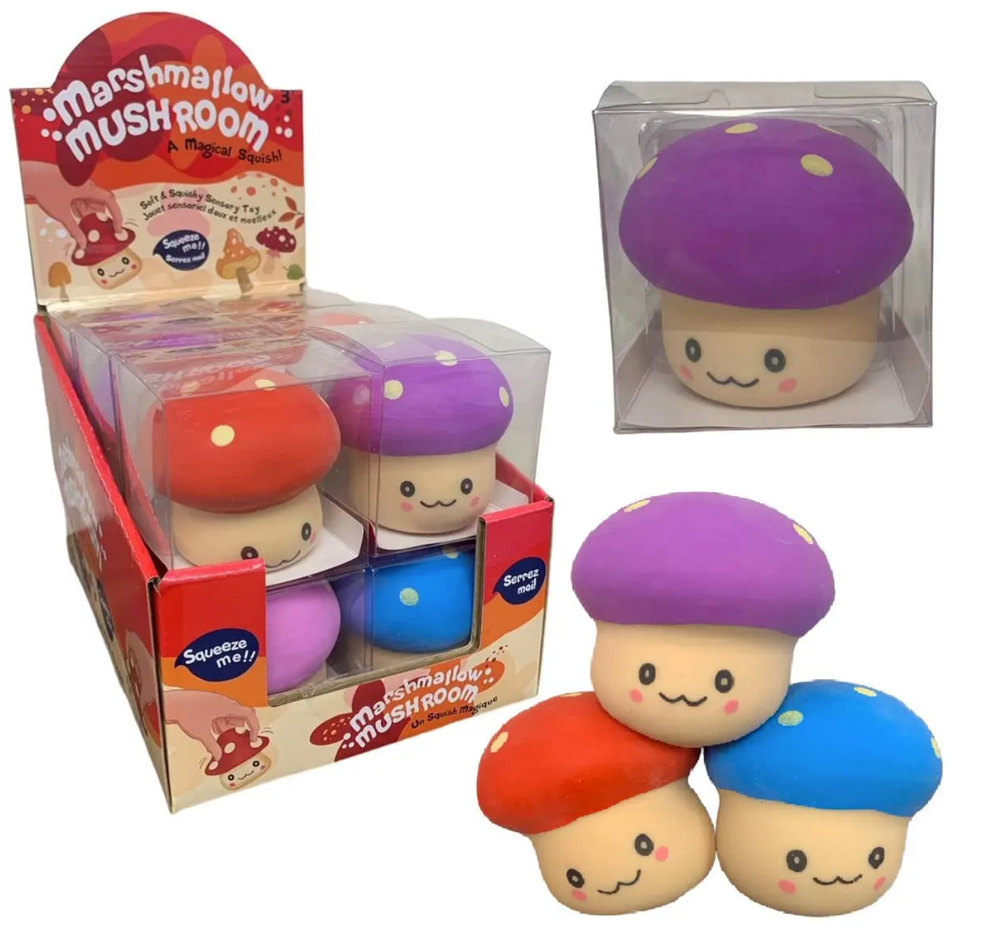 Marshmallow mushroom toys with packaging on a white background
