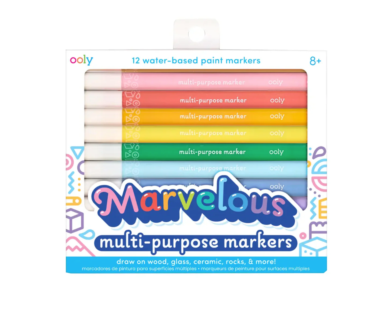 Pack of Ooly Marvelous multi-purpose markers with colorful caps on a white background