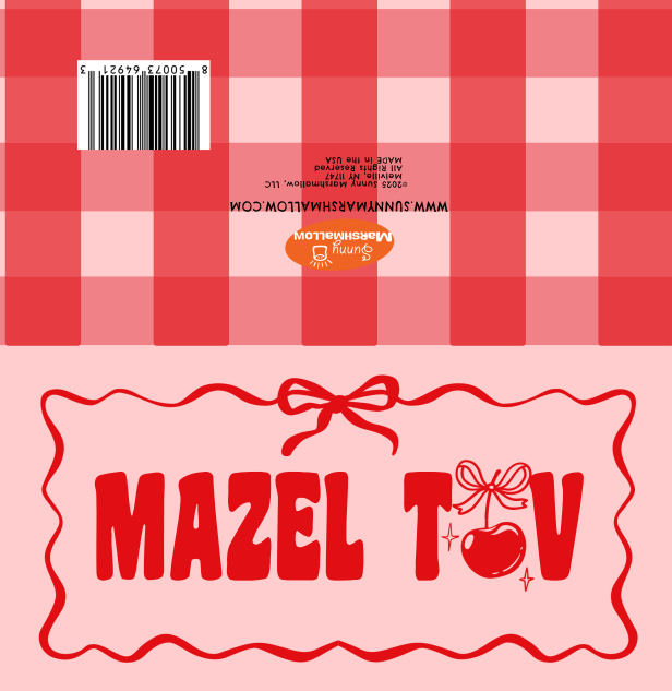 Back of a book with red and pink checkered pattern and 'Mazel Tov' text.