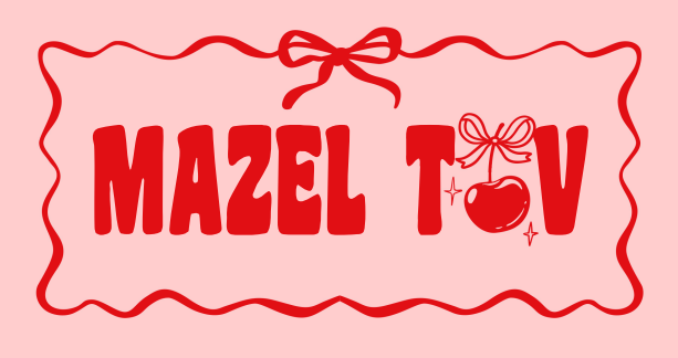 Red 'Mazel Tov' text with decorative elements on a pink background