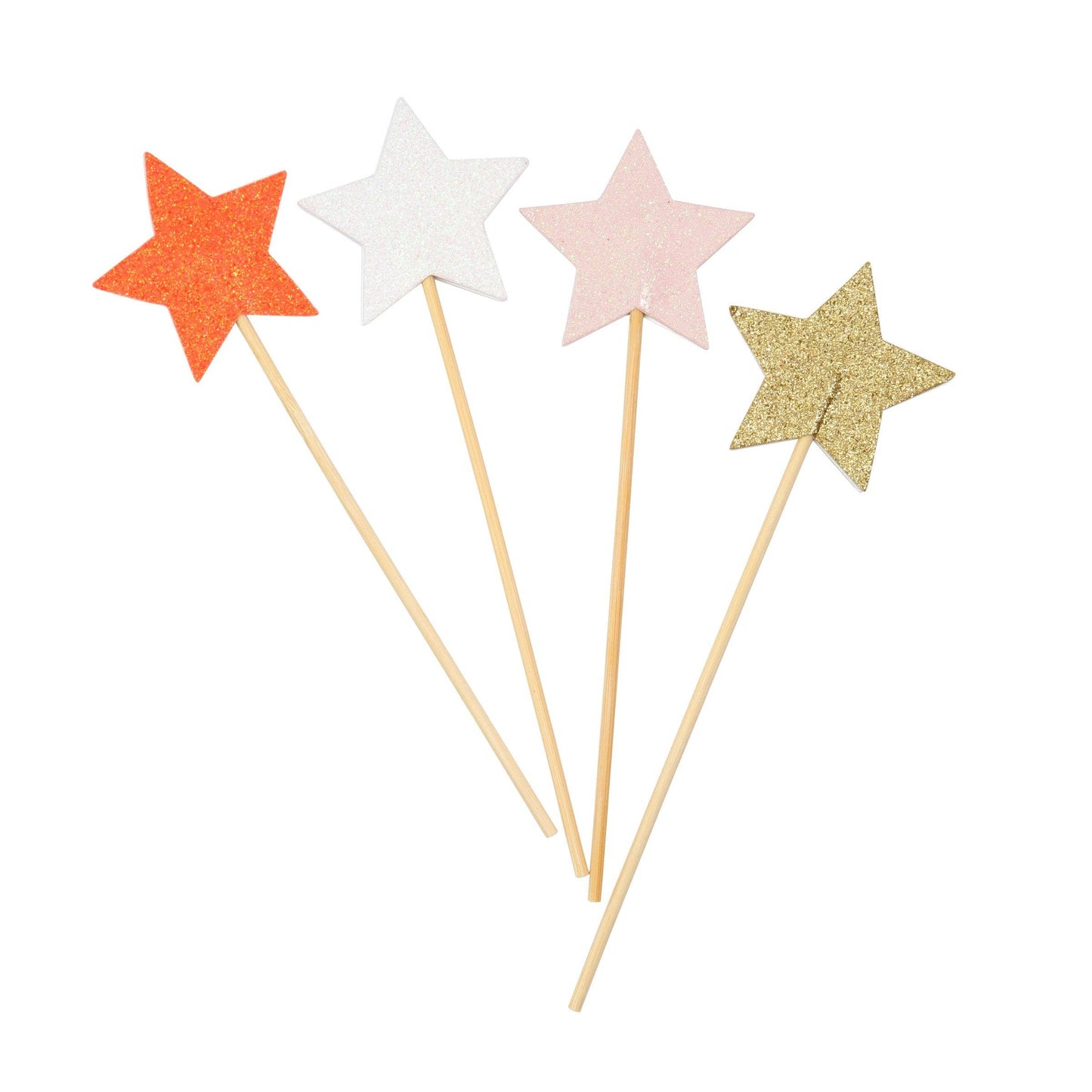 Four star-shaped party picks in orange, white, pink, and gold on wooden sticks against a white background.