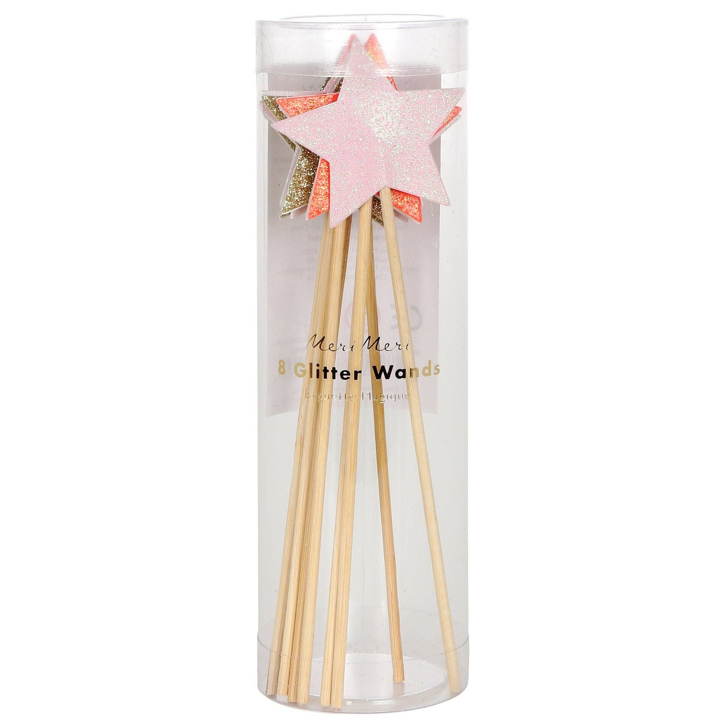 Set of glitter wands with star-shaped ends in a clear packaging on a white background