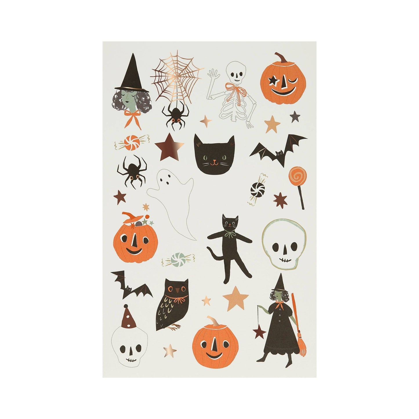 Sheet of Halloween-themed stickers with various designs on a white background