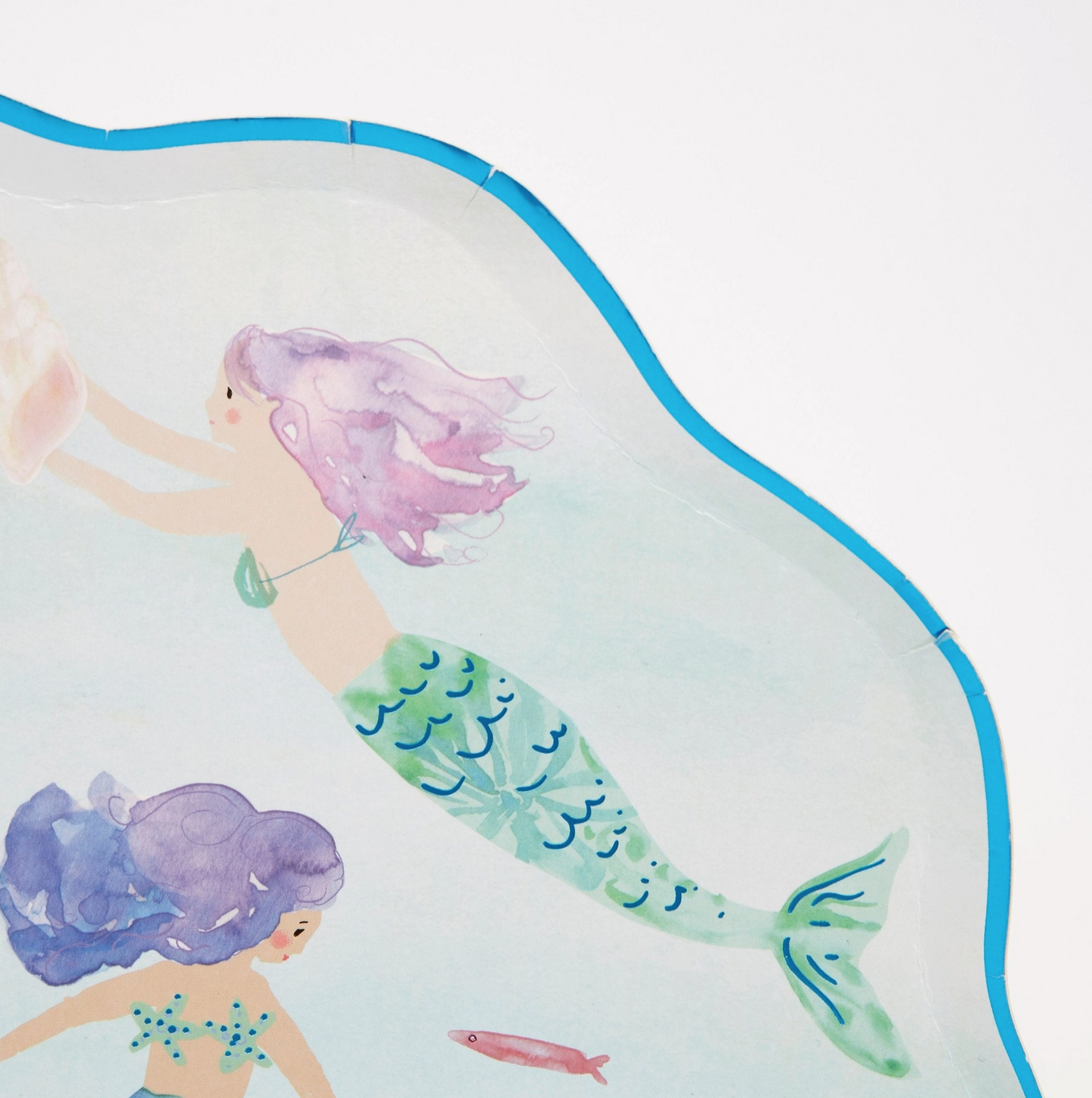 Illustration of mermaids with green tails and purple hair on a white background