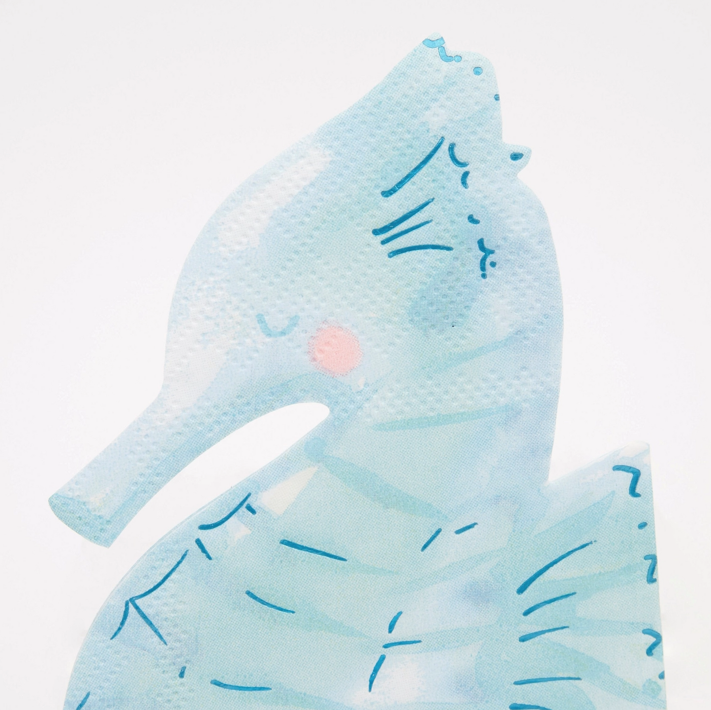 Light blue plush toy with a happy face on a white background