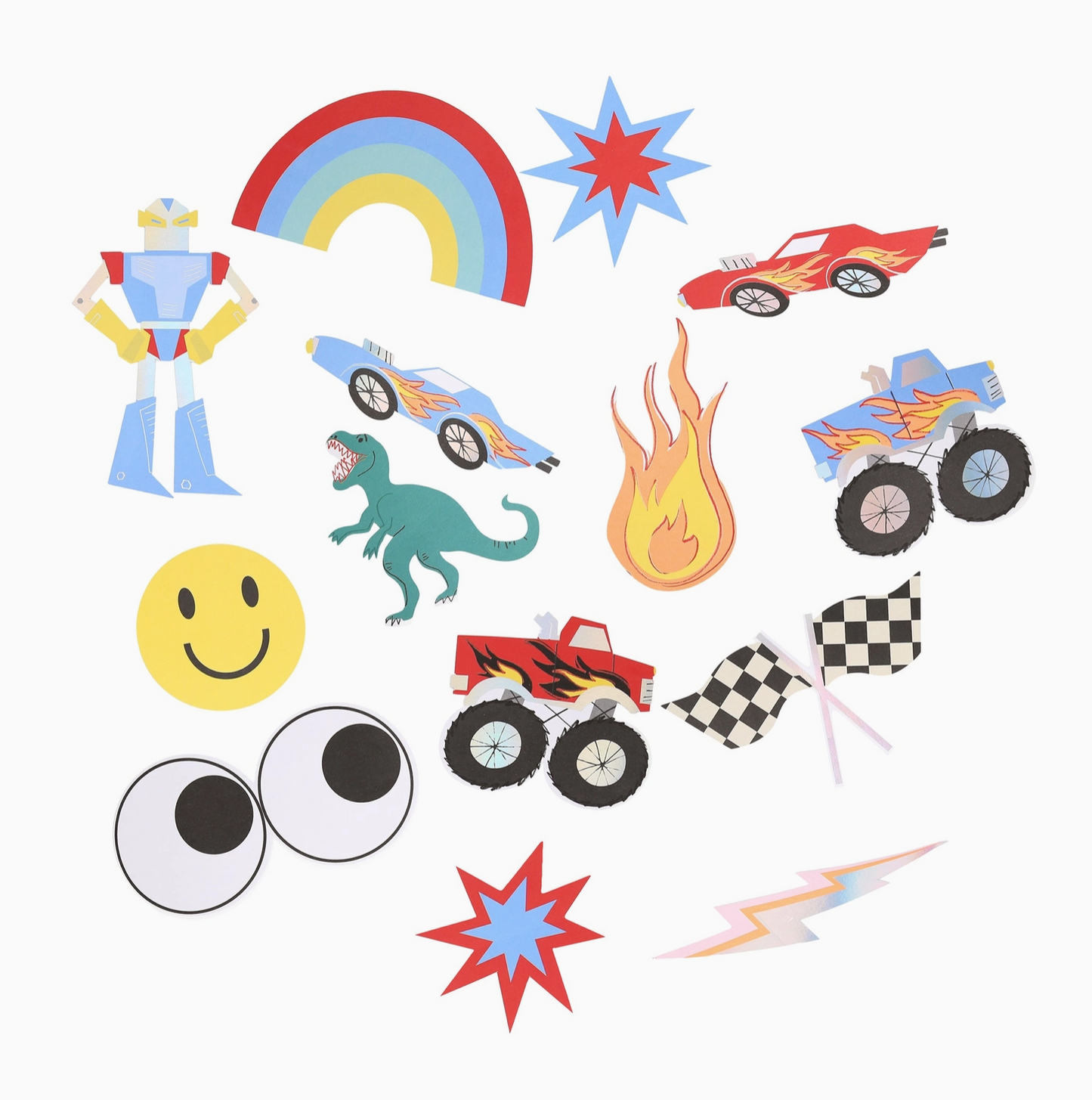 Collection of colorful cartoon-style icons including a robot, rainbow, car, fire, and more on a white background.