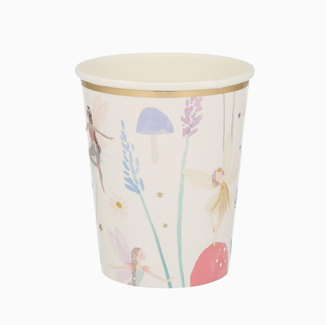 Paper cup with fairy and flower design on a white background
