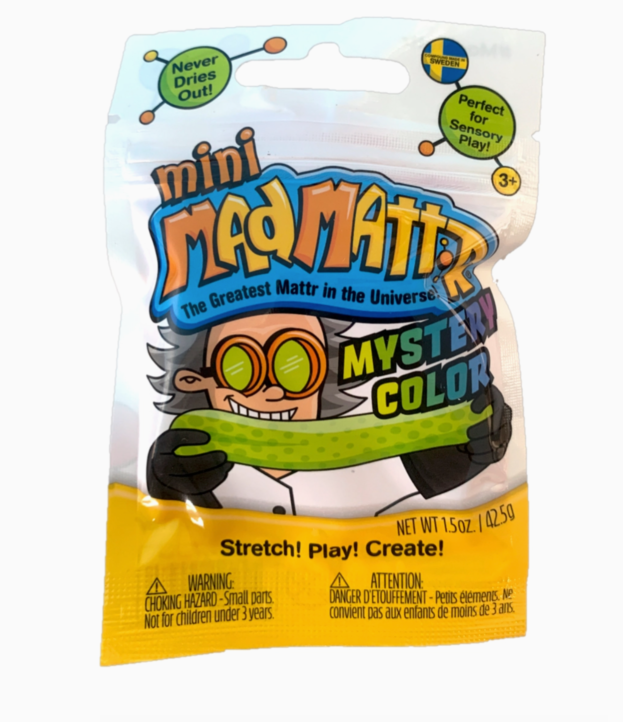 Packaged mini Mad Mattz with colorful text and character on a white background