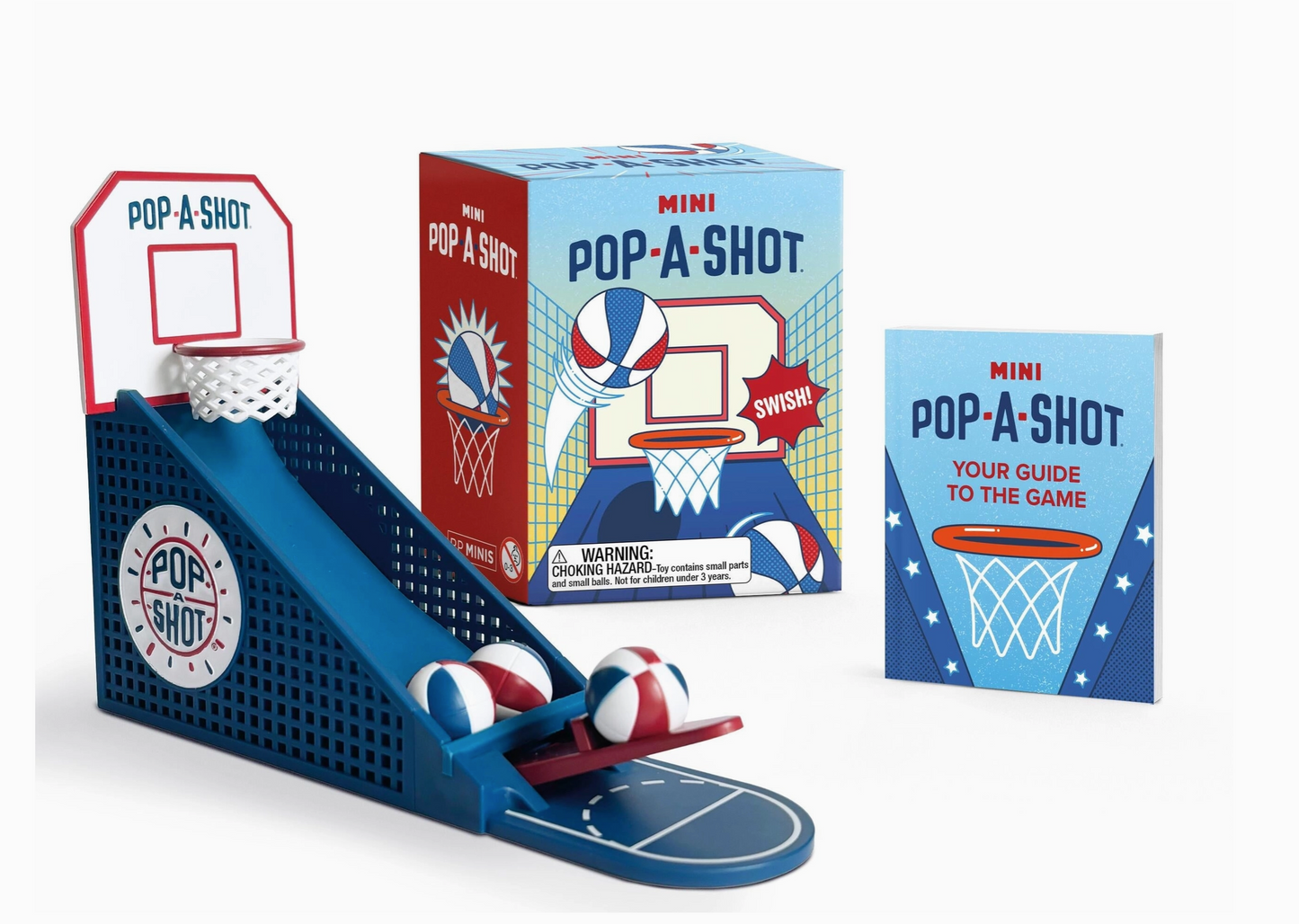 Mini Pop-A-Shot basketball game set with packaging and instructions on a white background