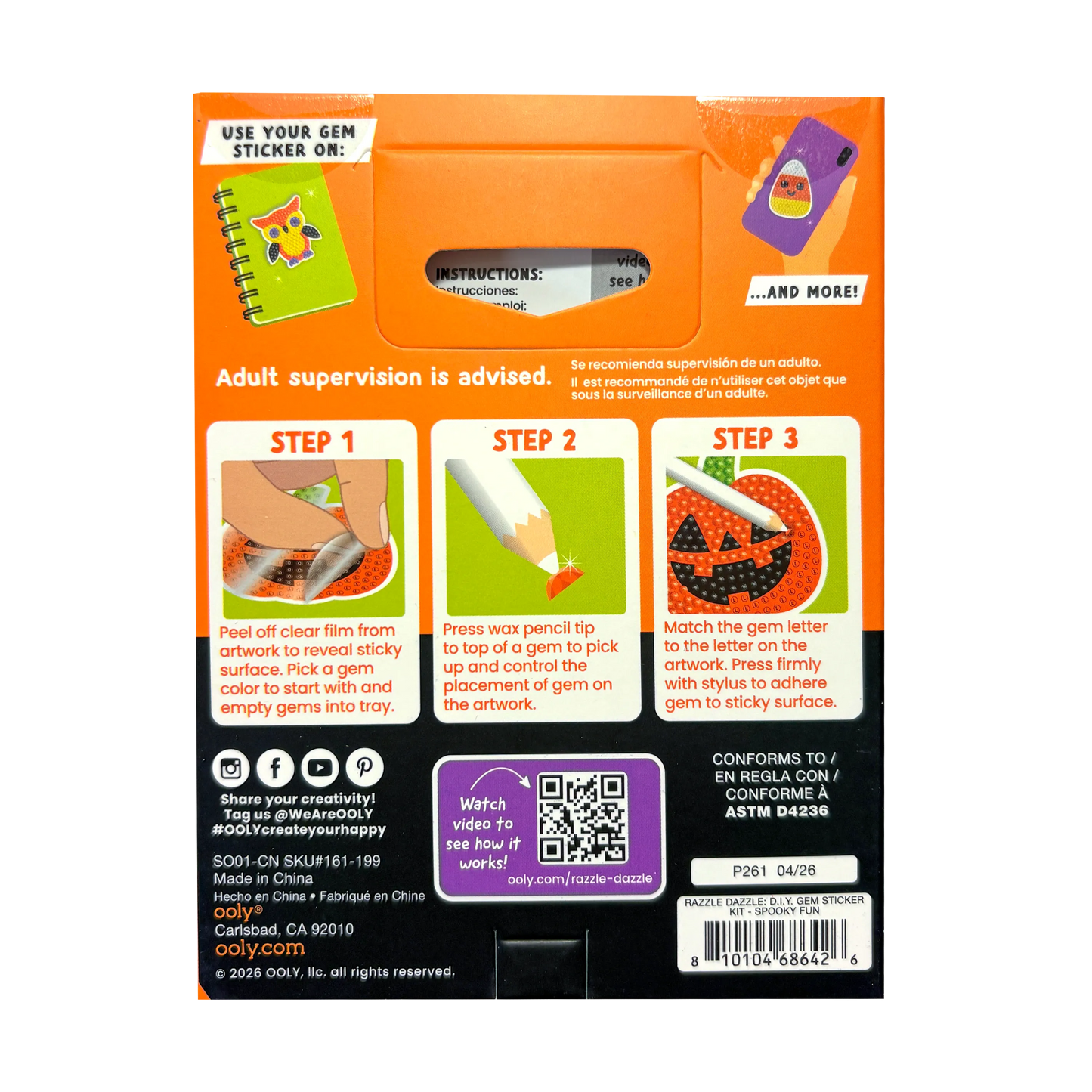 Back of a product packaging with step-by-step instructions and graphics on an orange background
