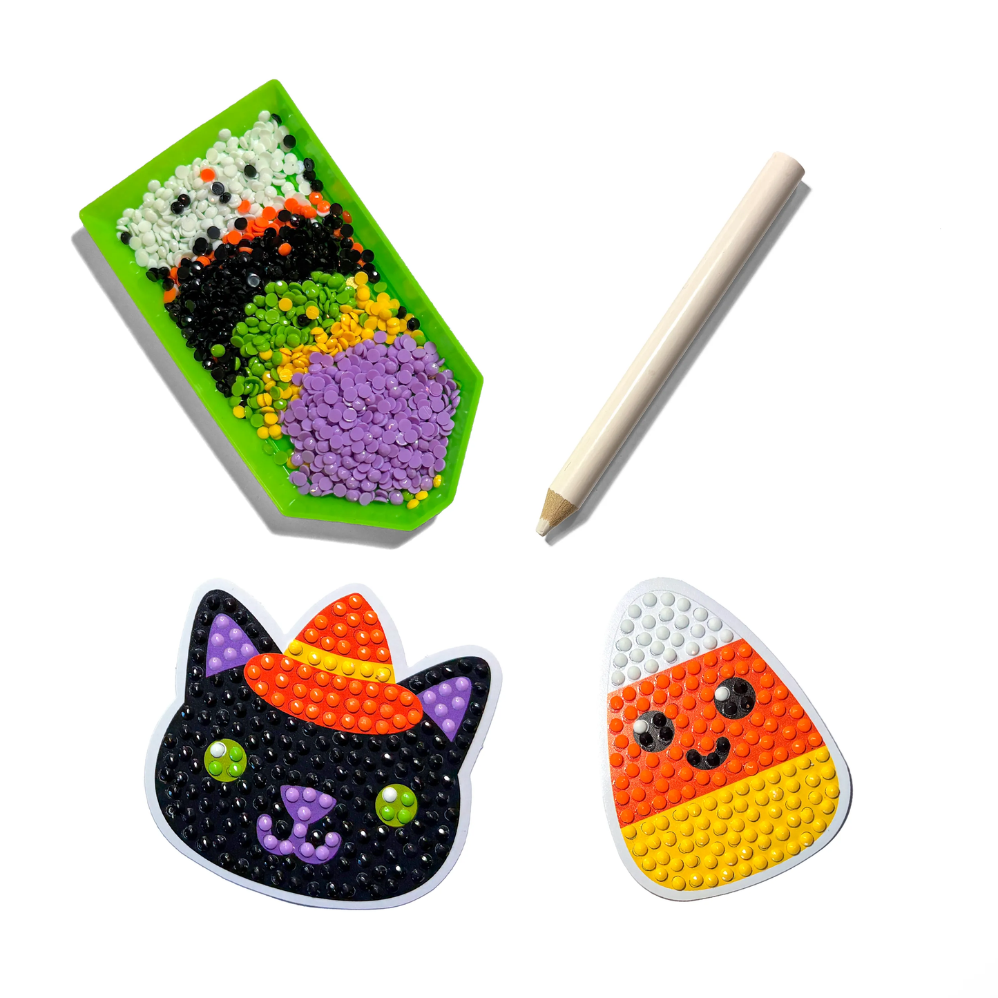 Halloween-themed dot painting kits with a black cat, candy corn, and ghost design on a white background.
