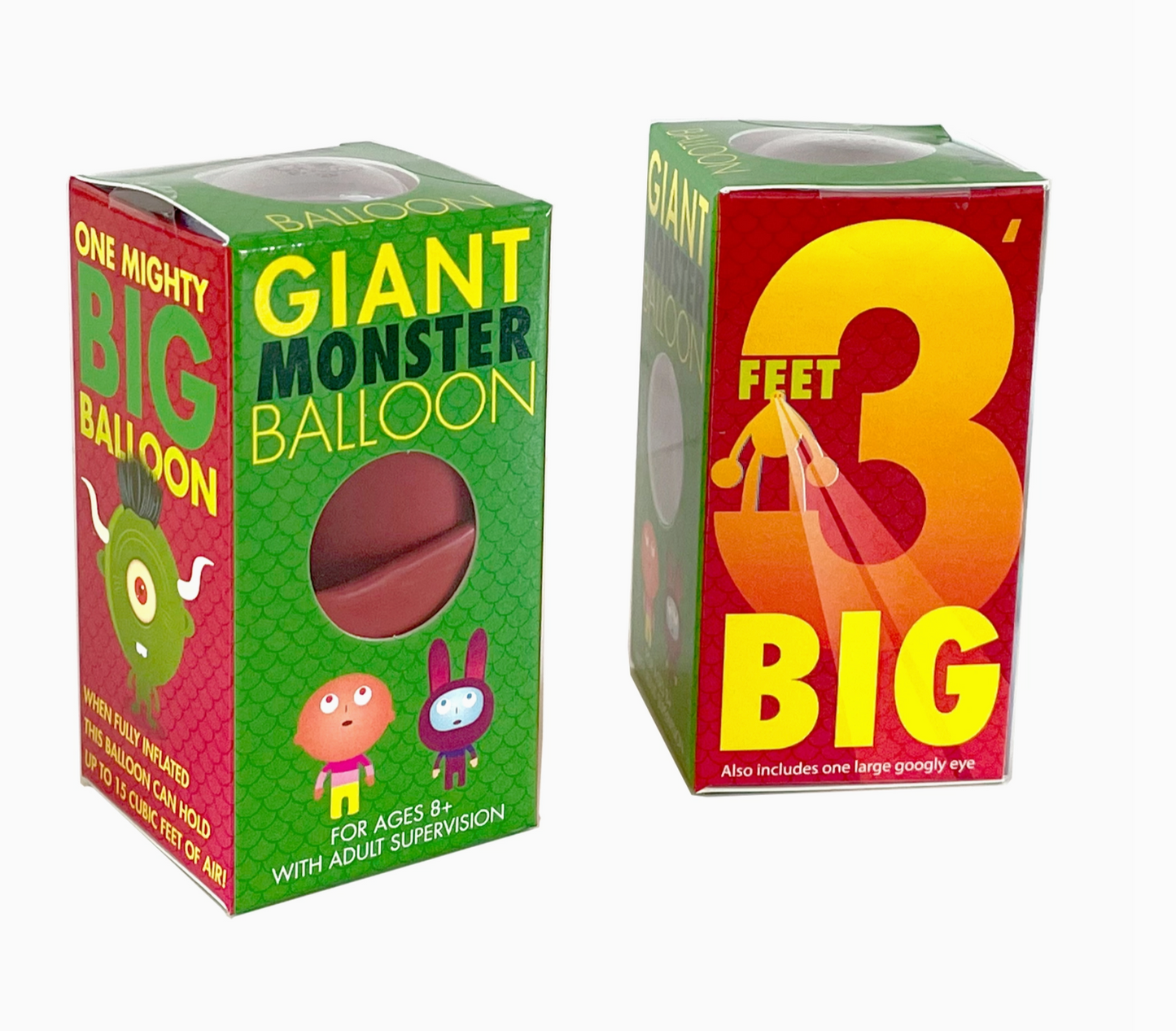 Two packages of giant balloons, one with a green box featuring a picture of the balloon and a cartoon character, and the other with a red box featuring the number 3 and a cartoonish face. Both boxes state the balloon is at least 3 feet big and suitable for ages 8+.