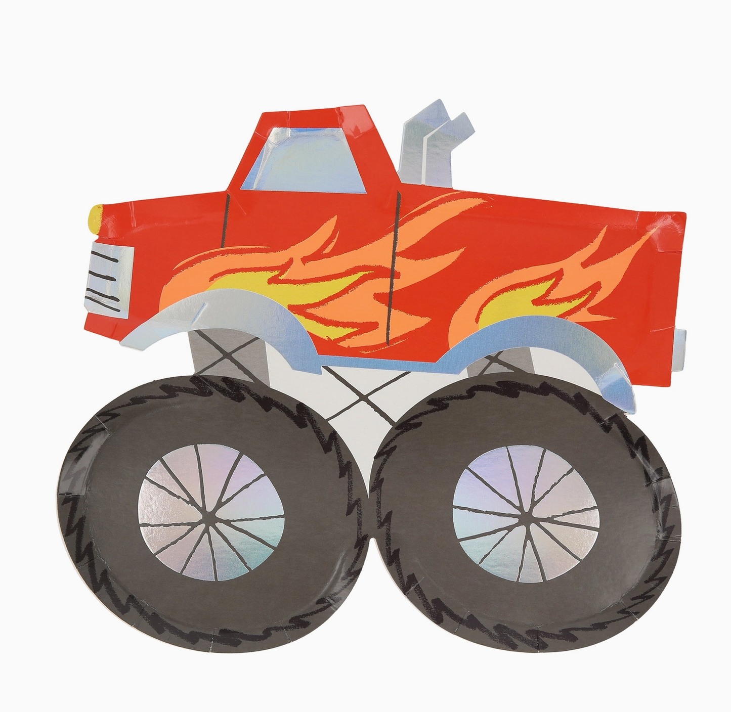 Red monster truck with flames on a white background
