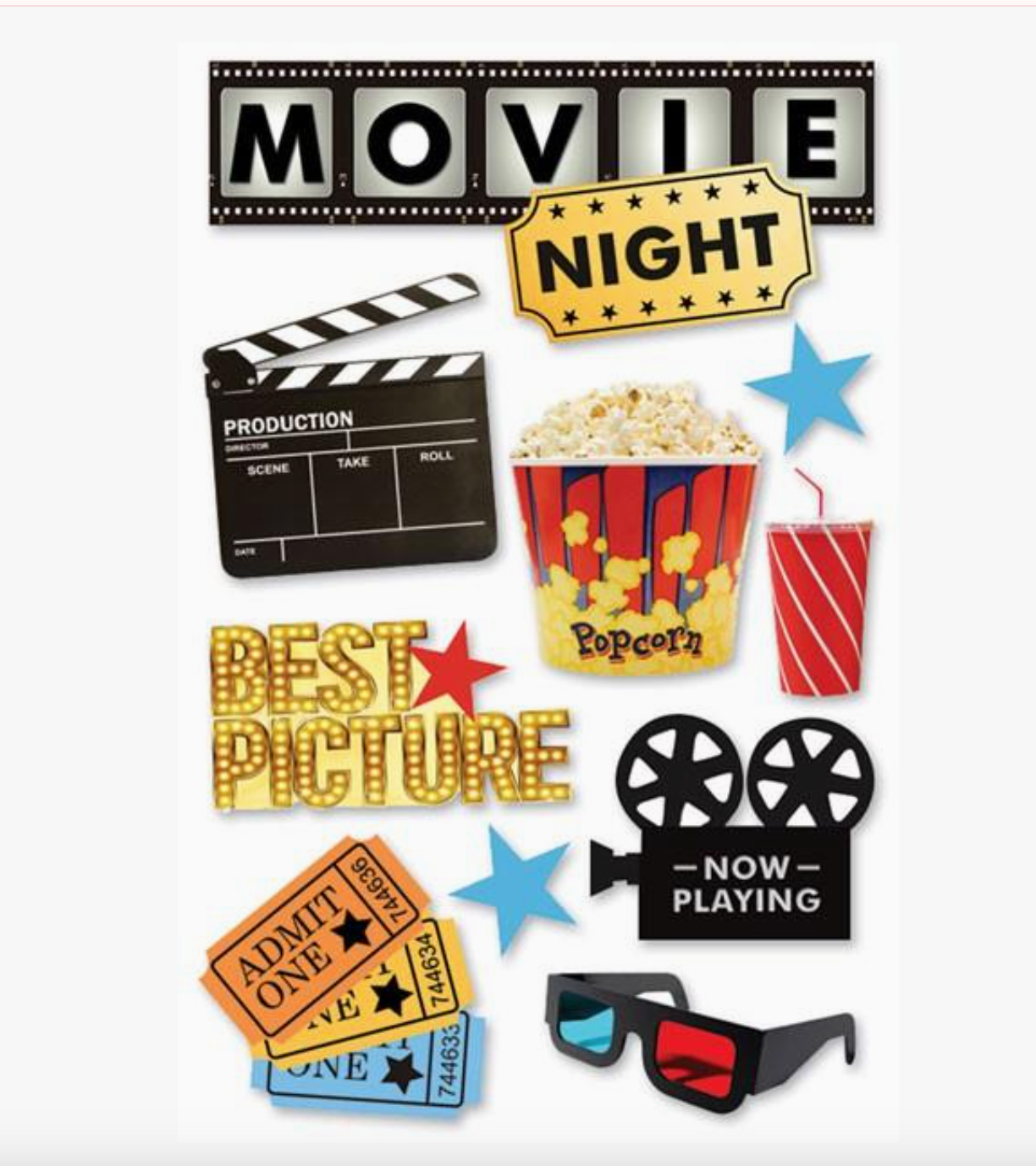 A set of 3D cinema-themed party decorations and props, including a 'MOVIE NIGHT' sign, a clapperboard, popcorn bucket, drink cup, 3D glasses, tickets, and star cutouts, arranged on a plain white background.