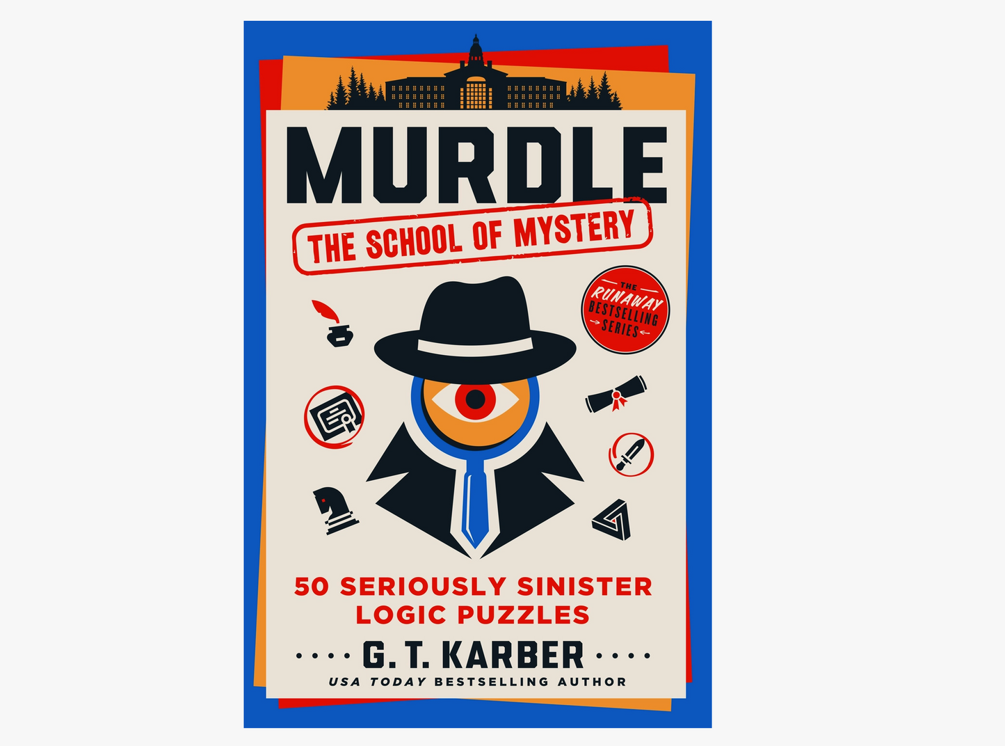 Book cover of 'Murdle: The School of Mystery' with a stylized detective illustration and colorful border.