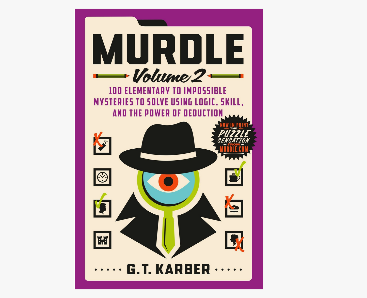 Book cover of 'Murdle Volume 2' by G.T. Karber with a stylized figure and text on a beige background.