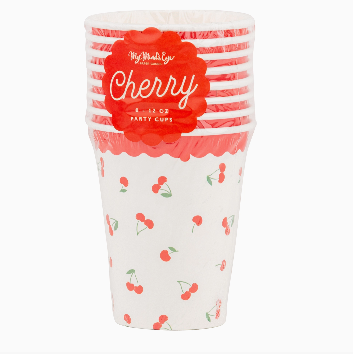 Paper cup with cherry design and 'My Mind's Eye' branding on a white background