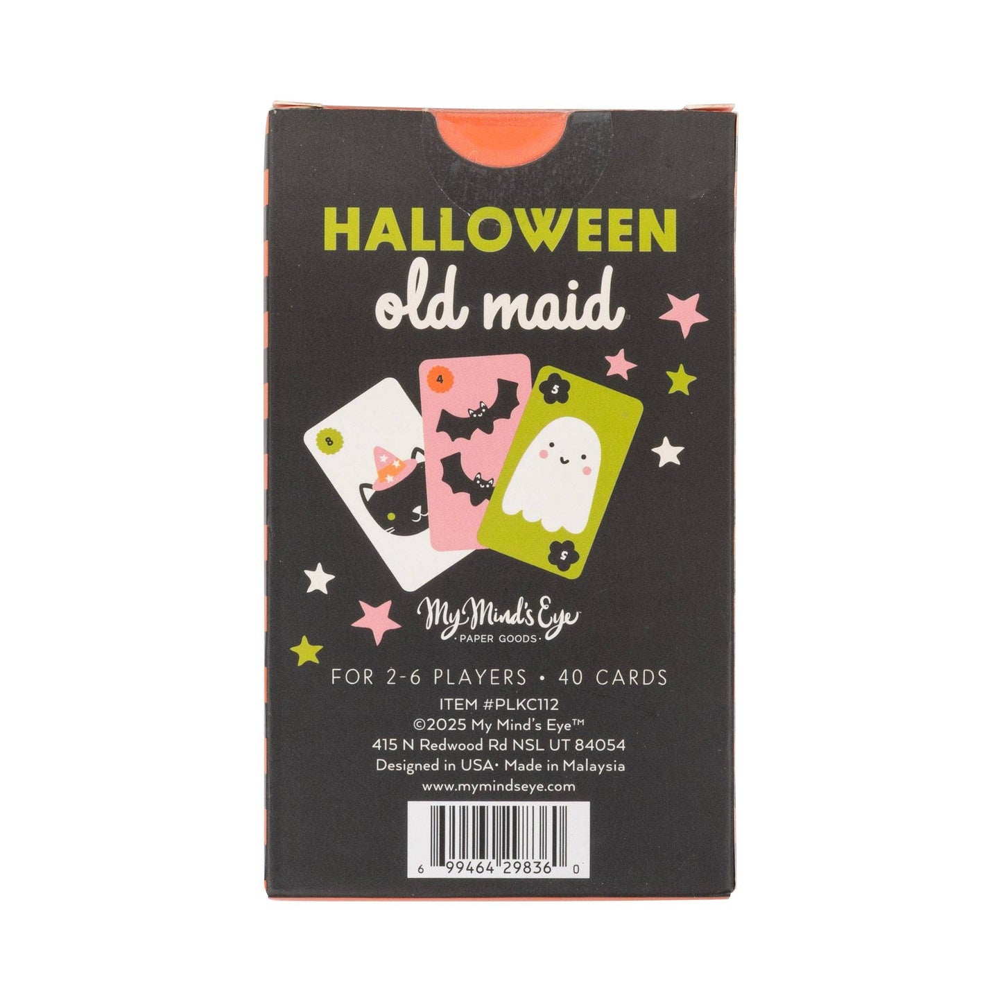 Halloween Old Maid card game box by My Mind's Eye, featuring a black background with yellow and white text, three illustrated playing cards, and small star graphics.
