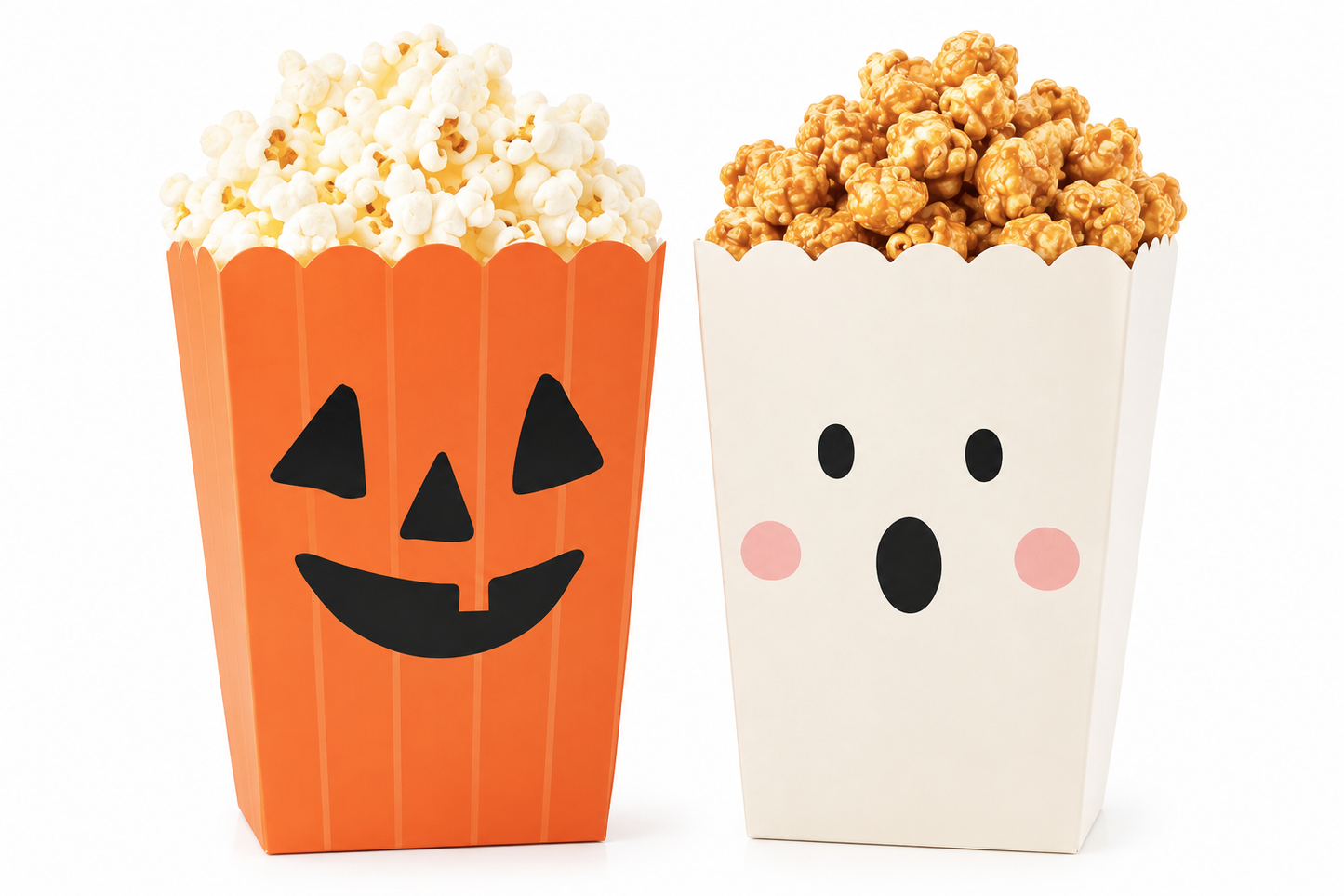 Two decorative popcorn buckets on a white background, one orange with a black jack-o'-lantern face and one off-white with a surprised face and pink cheeks, each filled with popcorn.