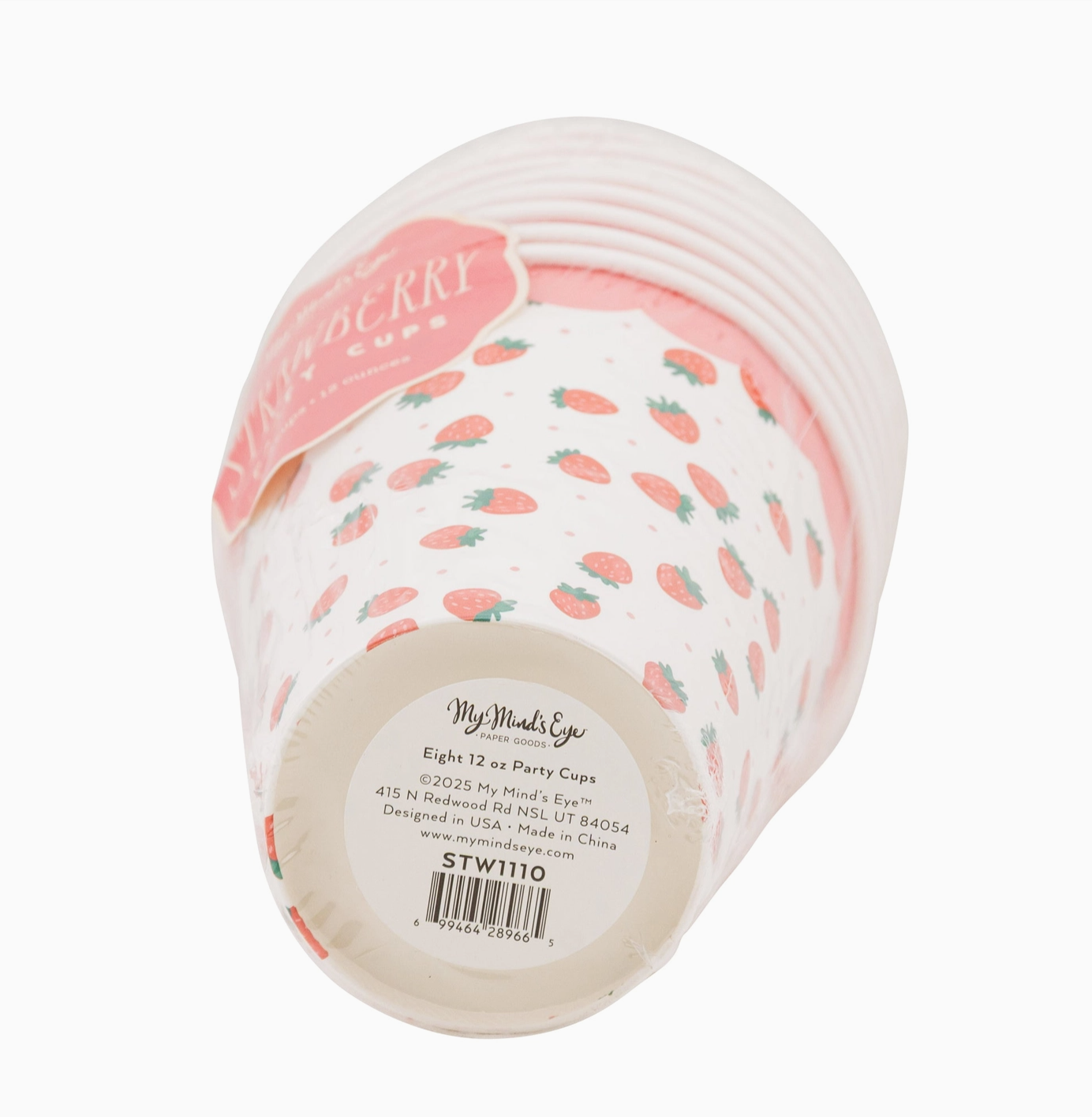 Stack of paper party cups with strawberry pattern on a white background